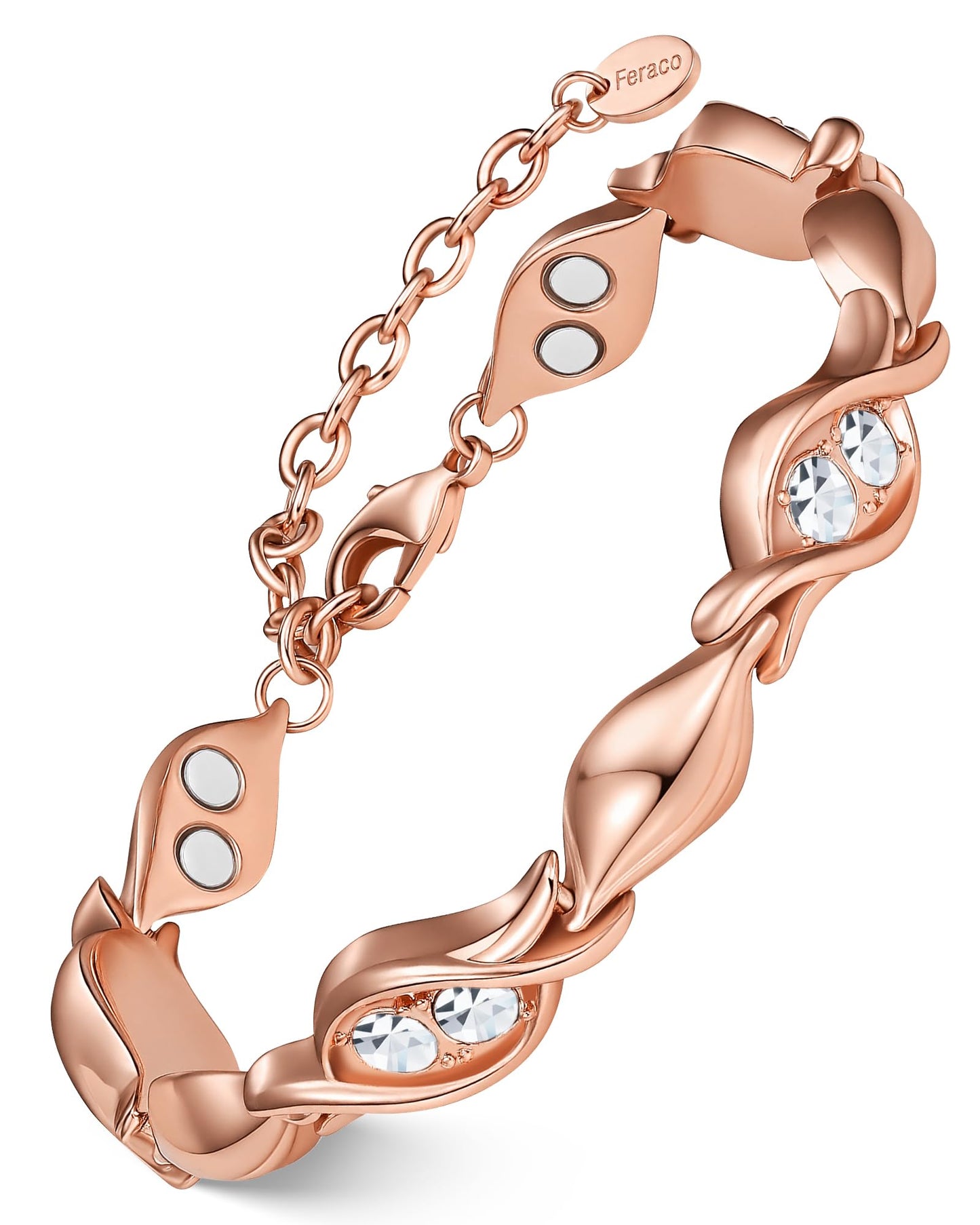 Feraco Pure Copper Bracelets for Women, Ultra Strength Magnetic Bracelet for Women with 3800 Gauss Magnet & Dazzling Austrian Crystals Stone, Copper Jewelry Gift (Rose Gold)