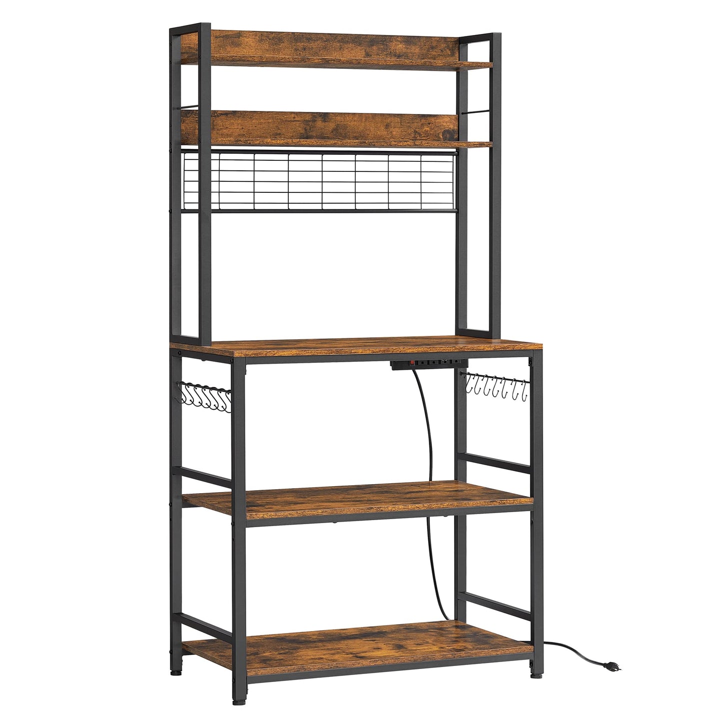 VASAGLE Bakers Rack with Power Outlet, Microwave Stand, Kitchen Tall Utility Storage Shelf, with Metal Wire Panel, 14 Hooks, 15.7 x 31.5 x 66.9 Inches, Rustic Brown and Ink Black UKKS025B01