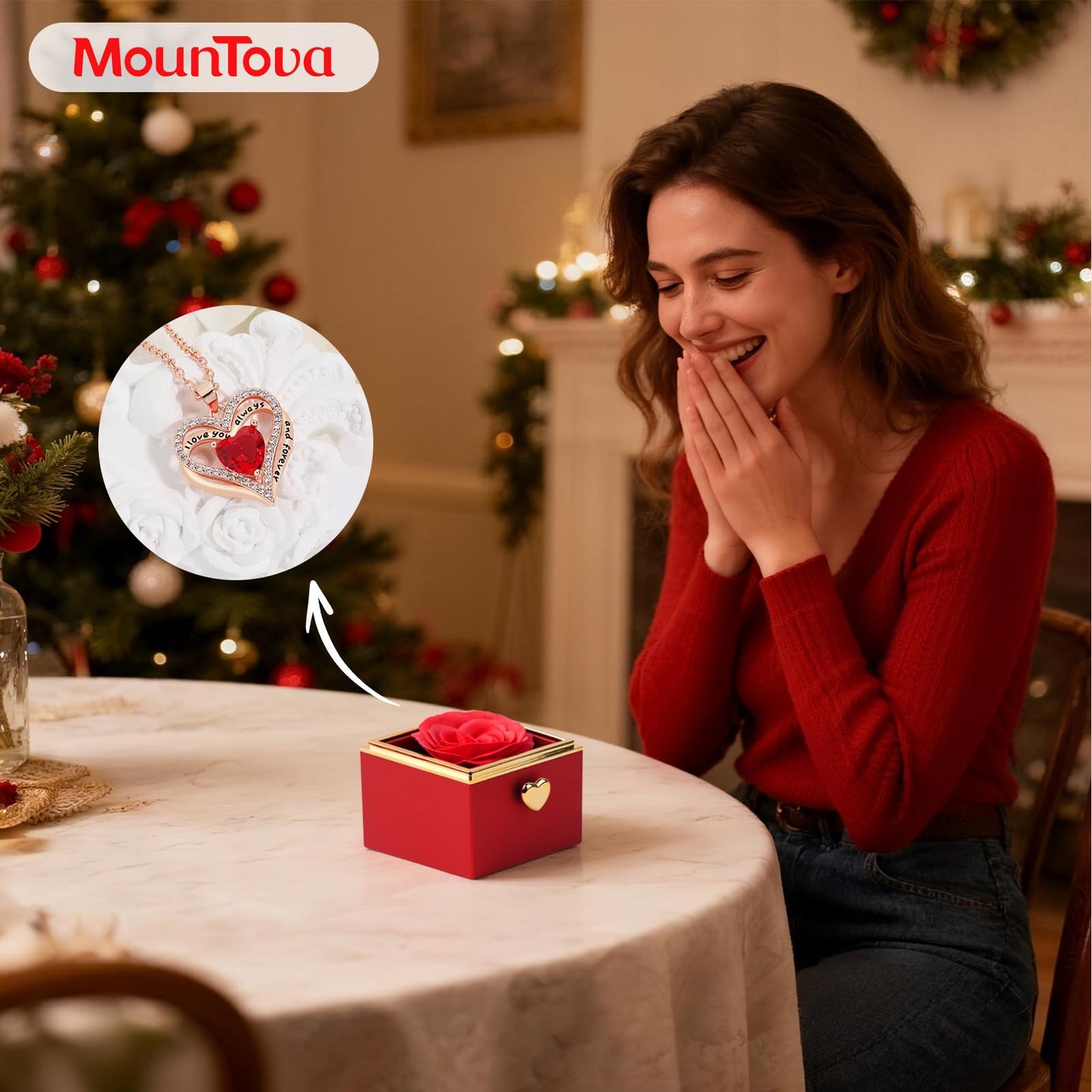 mountova Valentine’s Day Gift for Her Preserved Rose Surprise Box with Heart Necklace, Luxury Flip Jewelry Box, Romantic Gift for Girlfriend or Wife, Anniversary & Proposal (red)