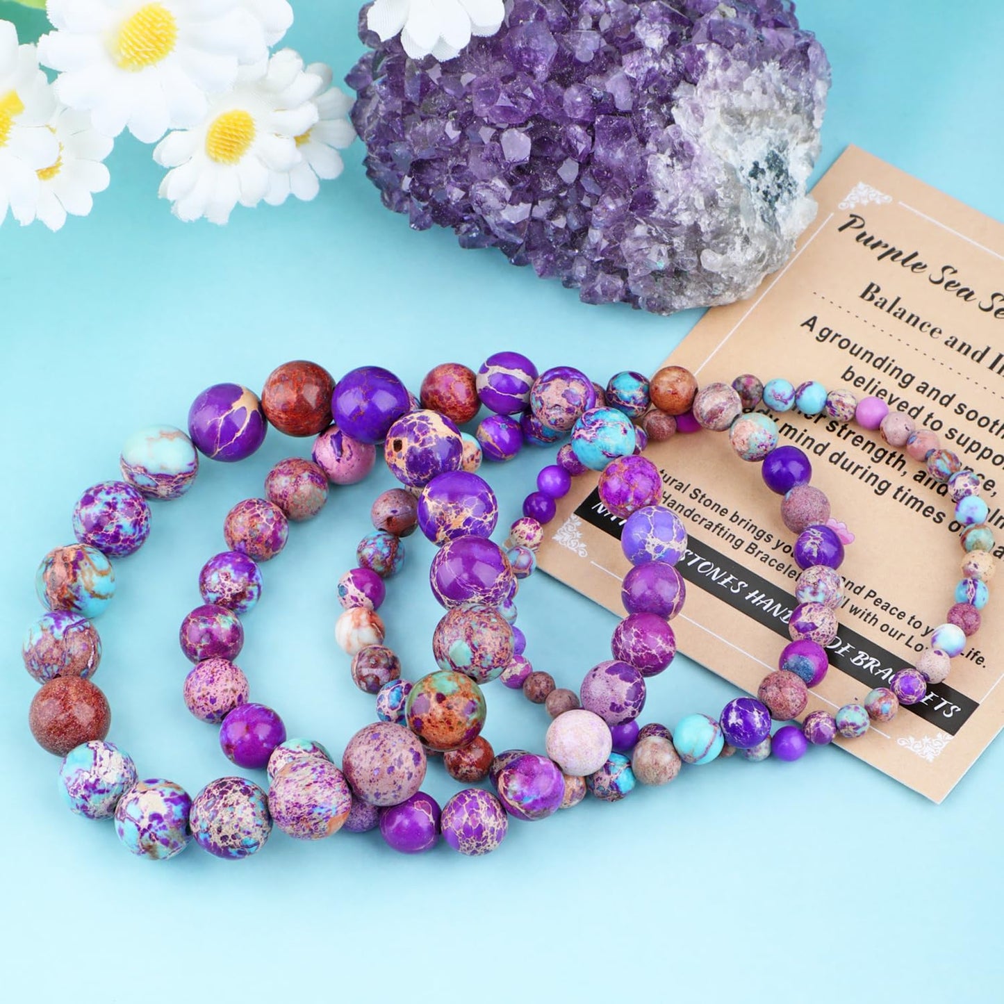 AD Beads 4mm Handmade Purple Sea Sediment Imperial Jasper Elastic Bracelet – Natural Gemstone for Joy & Positivity – Meditation, Yoga, Healing and Energy Gift for Men Women