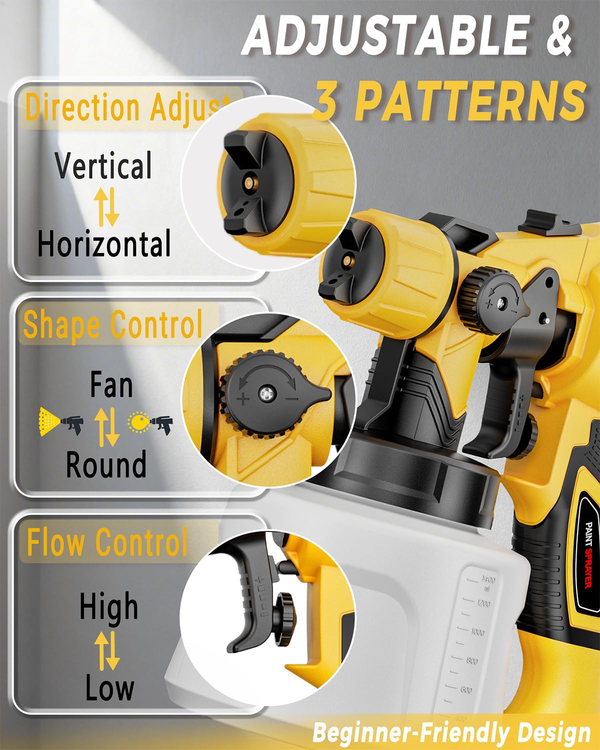 Paint Sprayer Indoor Outdoor, 1000W Electric Handheld HVLP Spray Paint Gun with 3 Patterns 6 Nozzles, Easy to Clean & Use, Stain Sprayer for House Painting, Furniture, Cabinets, Walls, Doors, Fences