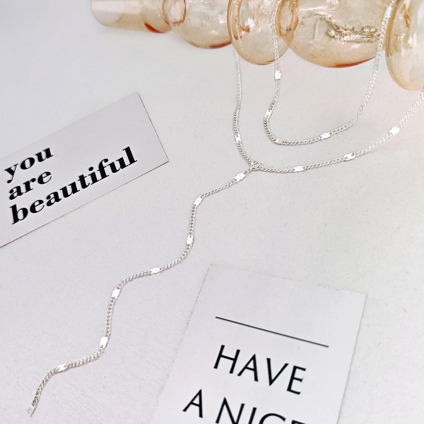 Zeffy Dainty Long Silver Necklaces for Women Trendy Lariat Y Necklace Layered Bar Drop Necklaces Simple Y-Shaped Chain Jewelry Gift