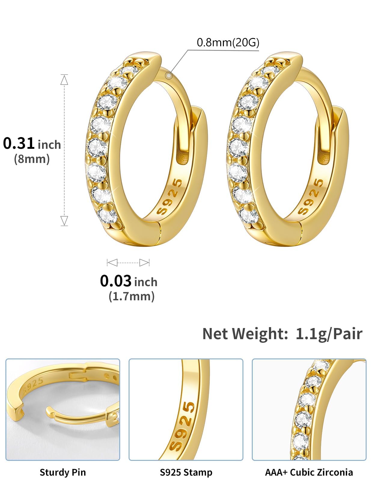 SILVERCUTE 925 Sterling Silver Huggie Hoop Earrings for Women,Hypoallergenic 14K Gold Plated Small Hoop Earring Cubic Zirconia Cartilage Earring Lightweight Huggies Earrings for Women,8/10/12mm