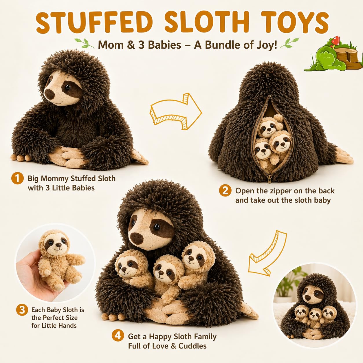 YOHAKI Sloth Plush Animal, 11.02" Cute Stuffed Sloth with 3 Baby Sloths, Easter Stuffed Sloth Animal, Washable Plush Toys, Cute Three Toed Sloth Birthday Gifts for Kids Boys and Girls, Brown