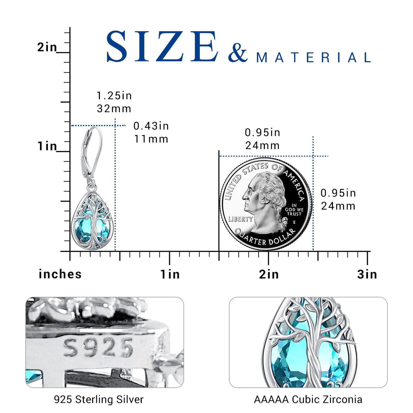 Eusense Sterling Silver Teardrop Dangle Birthstone Aquamarine Earrings Leverback Tree of Life Earrings for Women Sterling Silver Jewelry Gift Everyday Wear