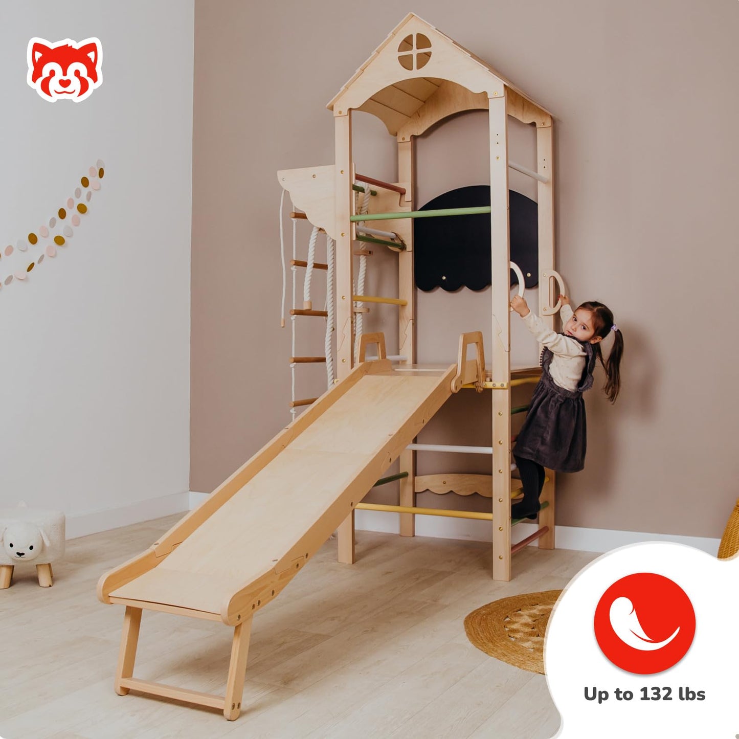 Wood And Hearts Indoor Wooden Climbing Complex, Indoor Jungle Gym for Kids Ages 3-8, Indoor Climbing Gym (Mini Tower Playset)