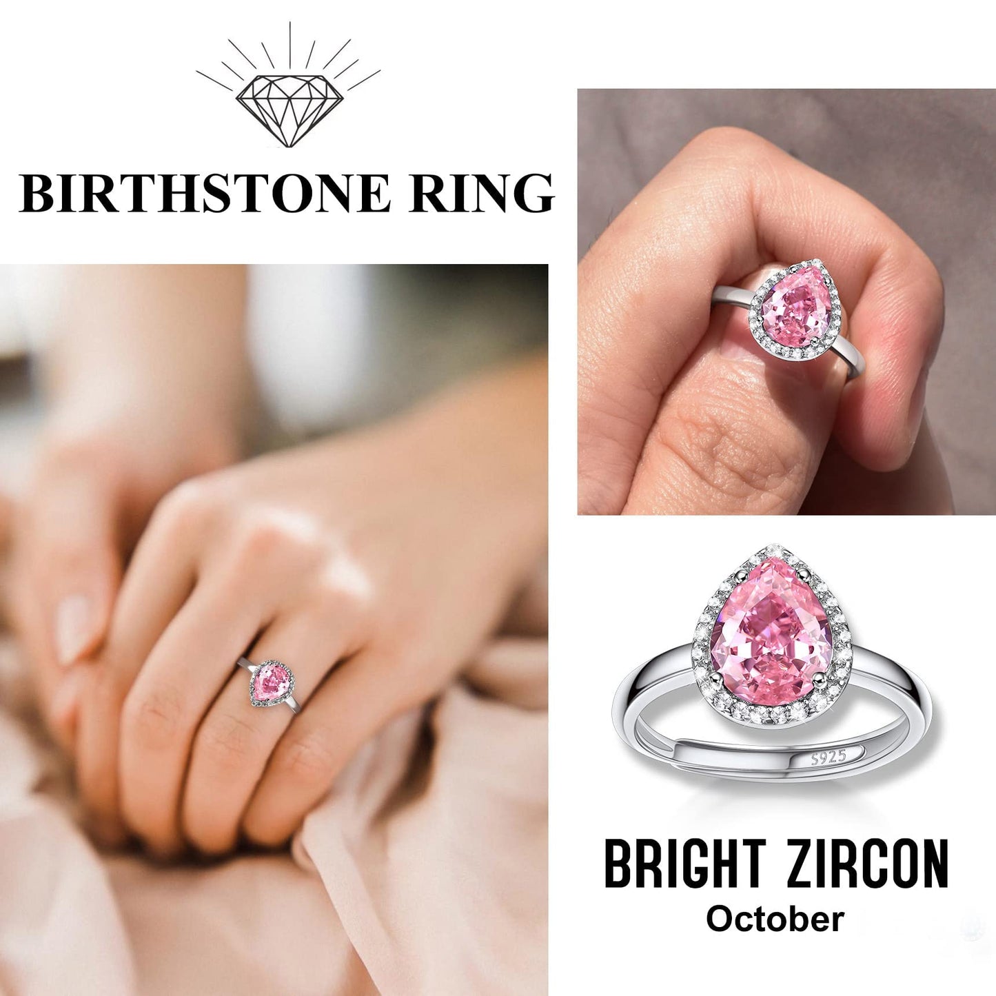Bestyle Infinity Love Teardrop October Pink Tourmaline Gemstone Rings with Sparkling Cubic Zirconia, Brilliant Love Teardrop Diamond Halo Rings Statement Jewelry for Women