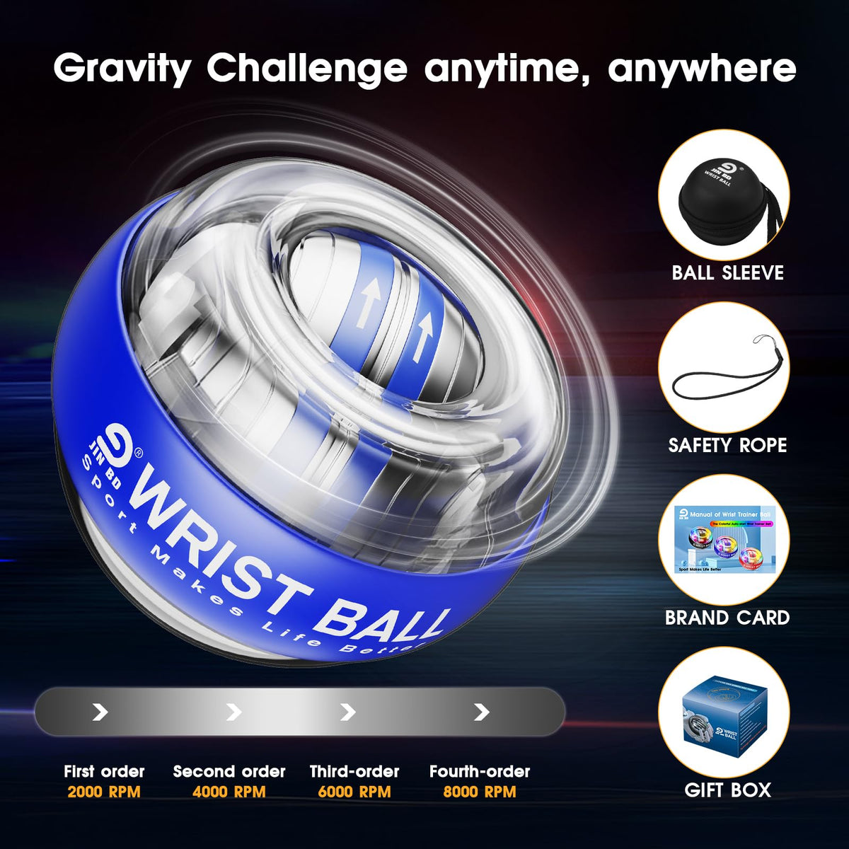 JIN BD Auto-Start Gyro Ball Wrist Trainer, Gyroscopic Forearm Exerciser for Strengthening Arms, Fingers and Muscles (Blue No Light)