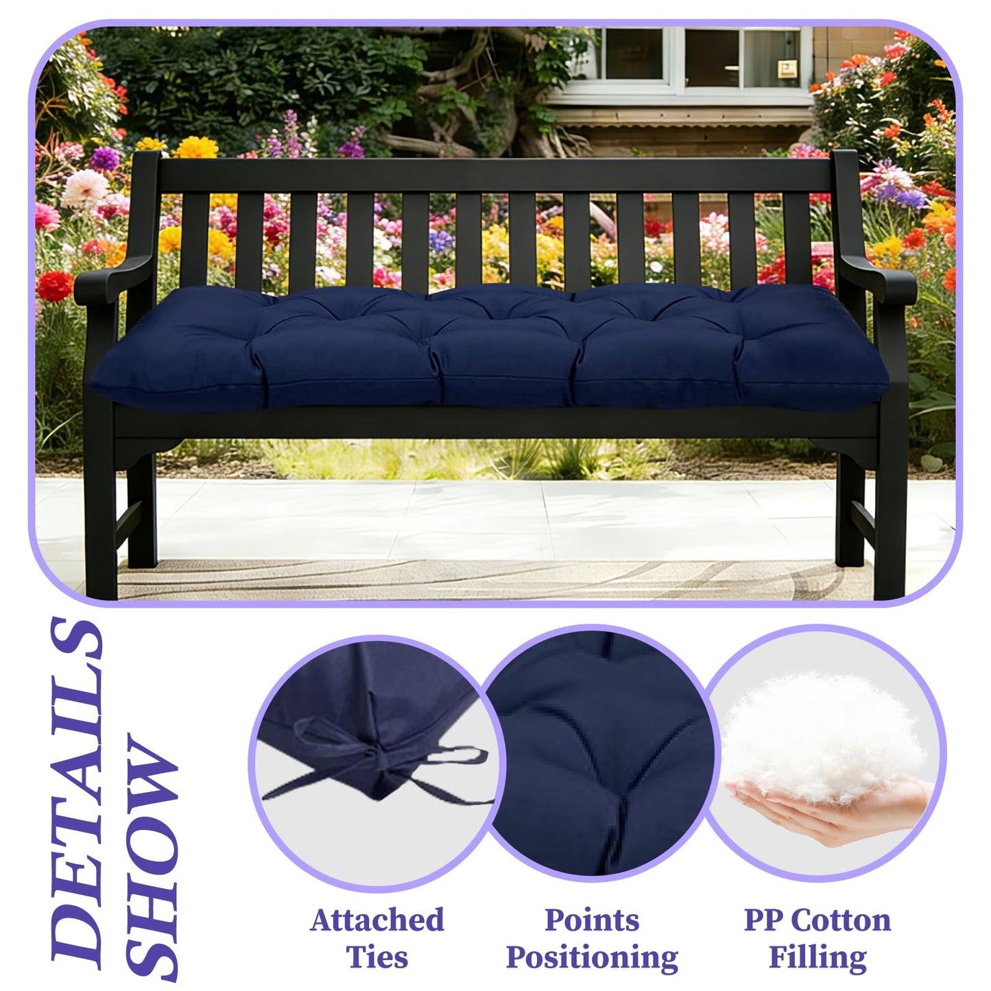 TESICA 40 x 20 Inch Indoor Outdoor Bench Cushion Waterproof Patio Furniture Cushions Garden Sofa Settee Couch Printed Swing Pads Blue Grey