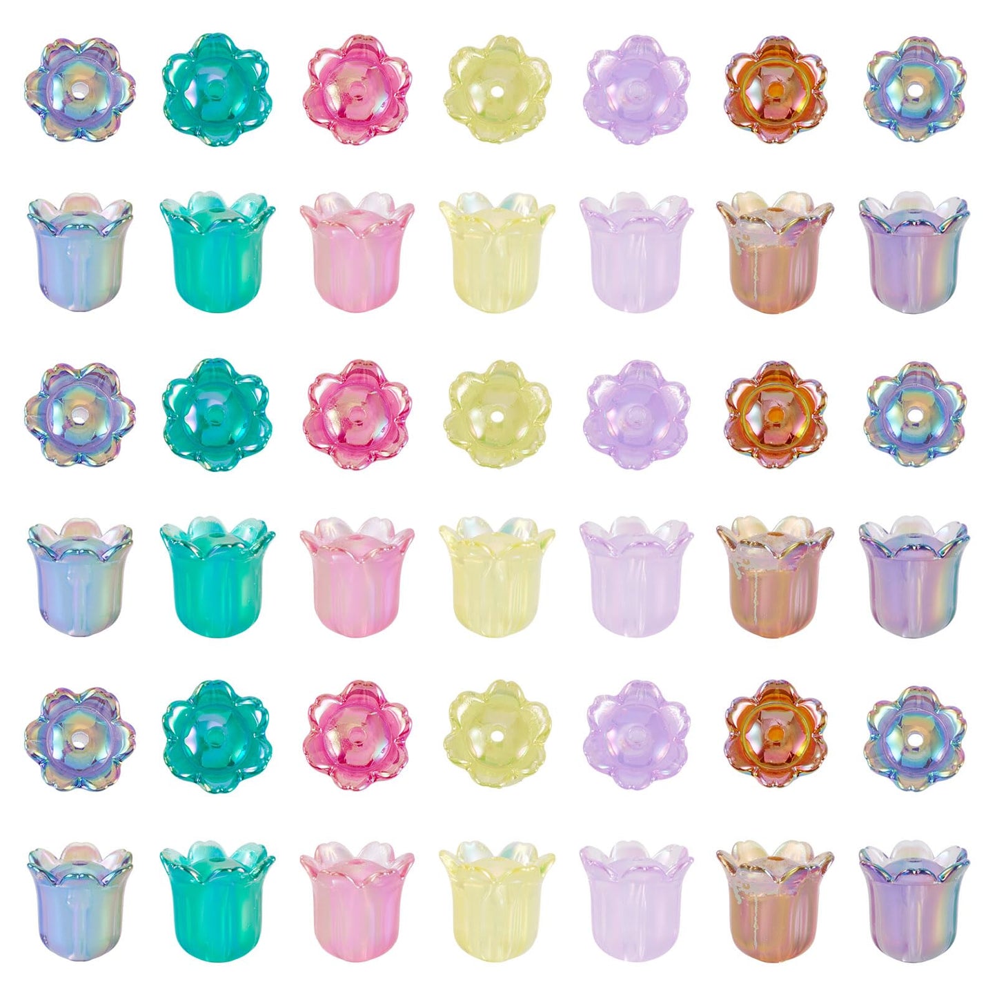 FASHEWELRY 50Pcs Acrylic Flower Beads Caps, Iridescent Colorful Transparent Lily Tulip Flower Bell Beads for DIY Tassel Earring Wind Chimes Craft Jewelry Making