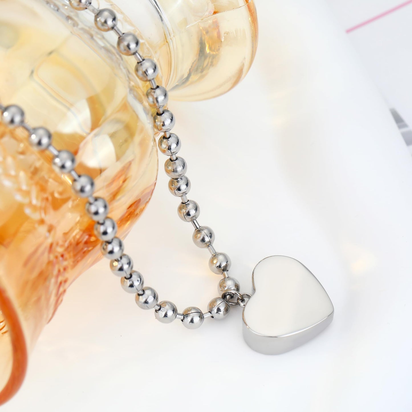 BONJOULRY Titanium Heart Necklace Silver, Chunky Heart Necklace for Women Titanium Steel Chunky Heart Necklaces Ball Beaded Chain Hypoallergenic Silver Charm Necklace Jewelry Gift for Women