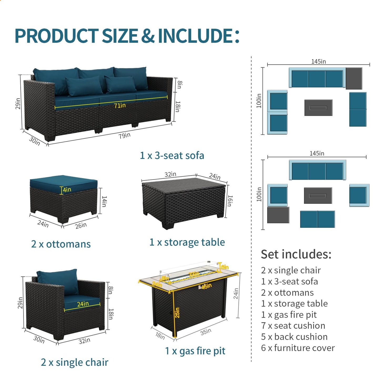 Outdoor Patio Furniture 60000 BTU Outdoor Propane Fire Pit Table Patio Furniture Set 45 In Outdoor Fire Pits 6 Pieces Patio Sofa Outdoor Chairs Anti-slip Cushions Waterproof Covers, Peacock Blue