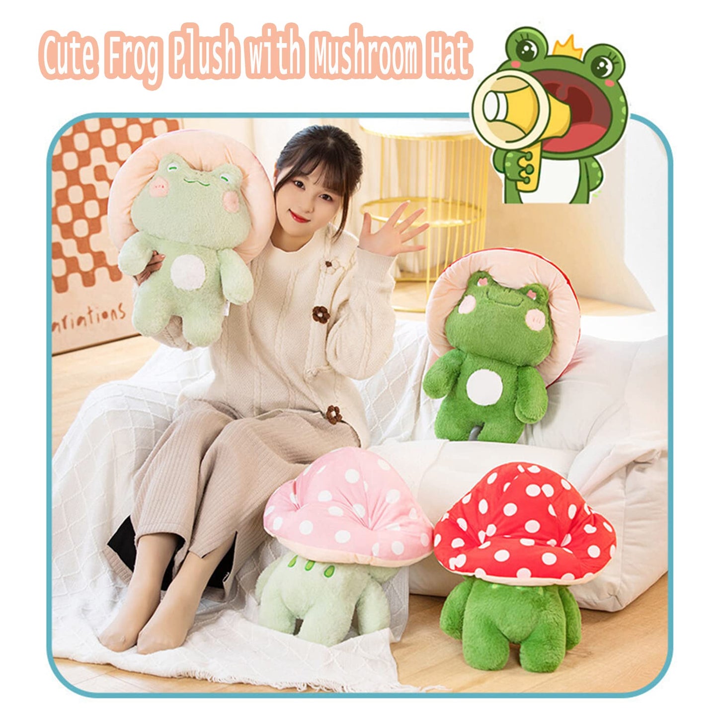 Enivtfz Frog Plush Toys, 10" Cute Frog with Red Mushroom Hat Stuffed Animals, Kawaii Plushies Gift for Kids Girls Adults Valentines Birthdays Gift（Light Green Red hat, 10inch