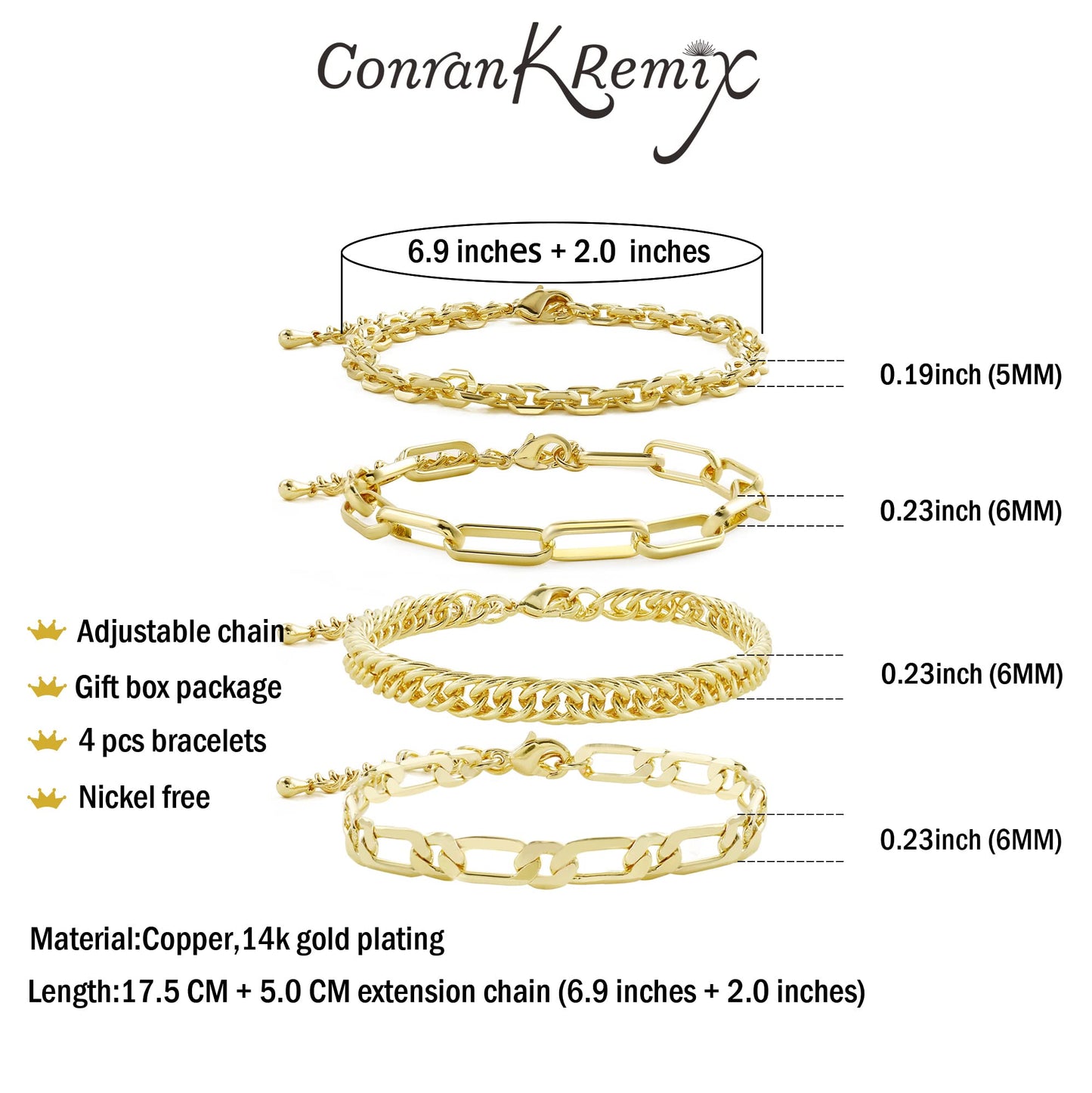 CONRAN KREMIX Gold Chain Bracelets Set For Women Dainty 14K Gold Plated Chunky Link Layered Paperclip Rope Chain Stake Bracelet Sets Fashion Trendy Gold Jewelry For Women