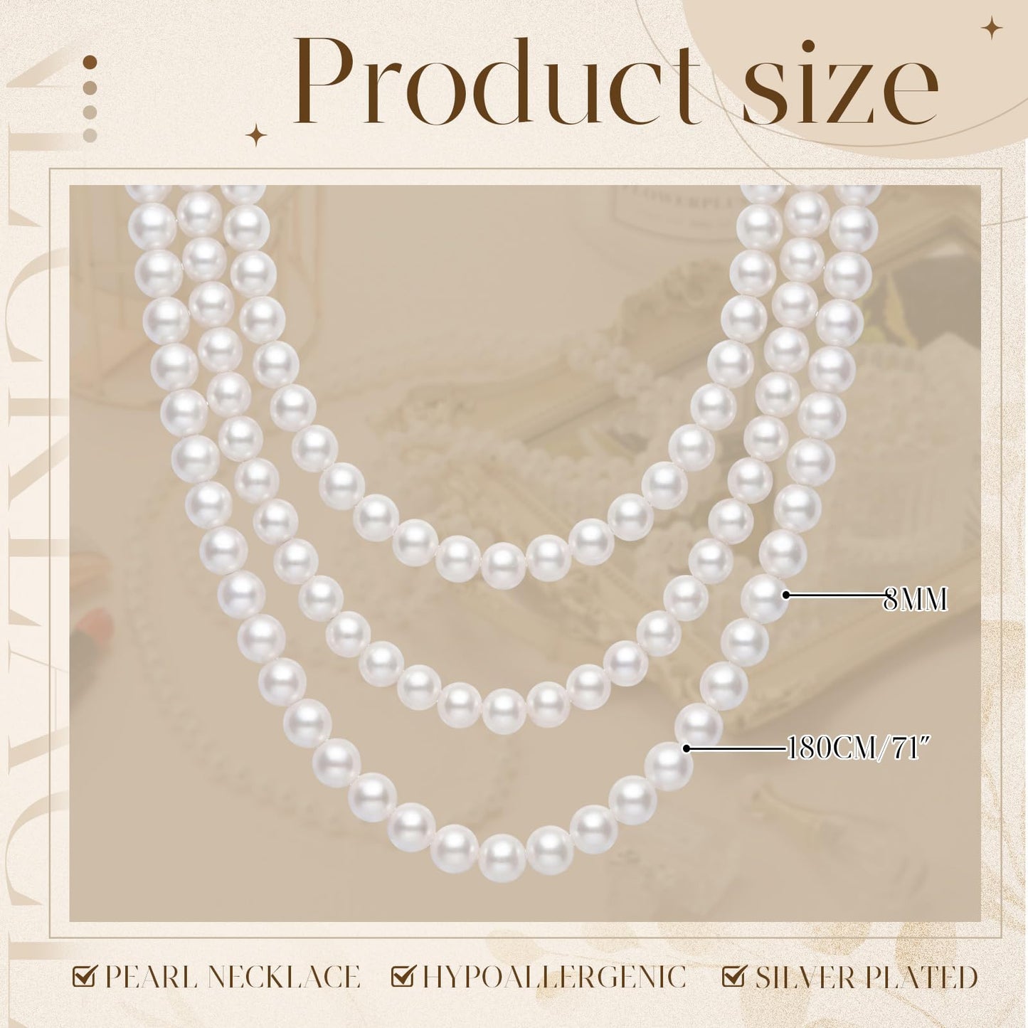 Aurelema 2 Pack Long Pearl Necklace for Women 1920s Costume Party Jewelry Faux Pearls Strand Beads for Ladies(70 Inches,8 mm,Glass,Cream White)