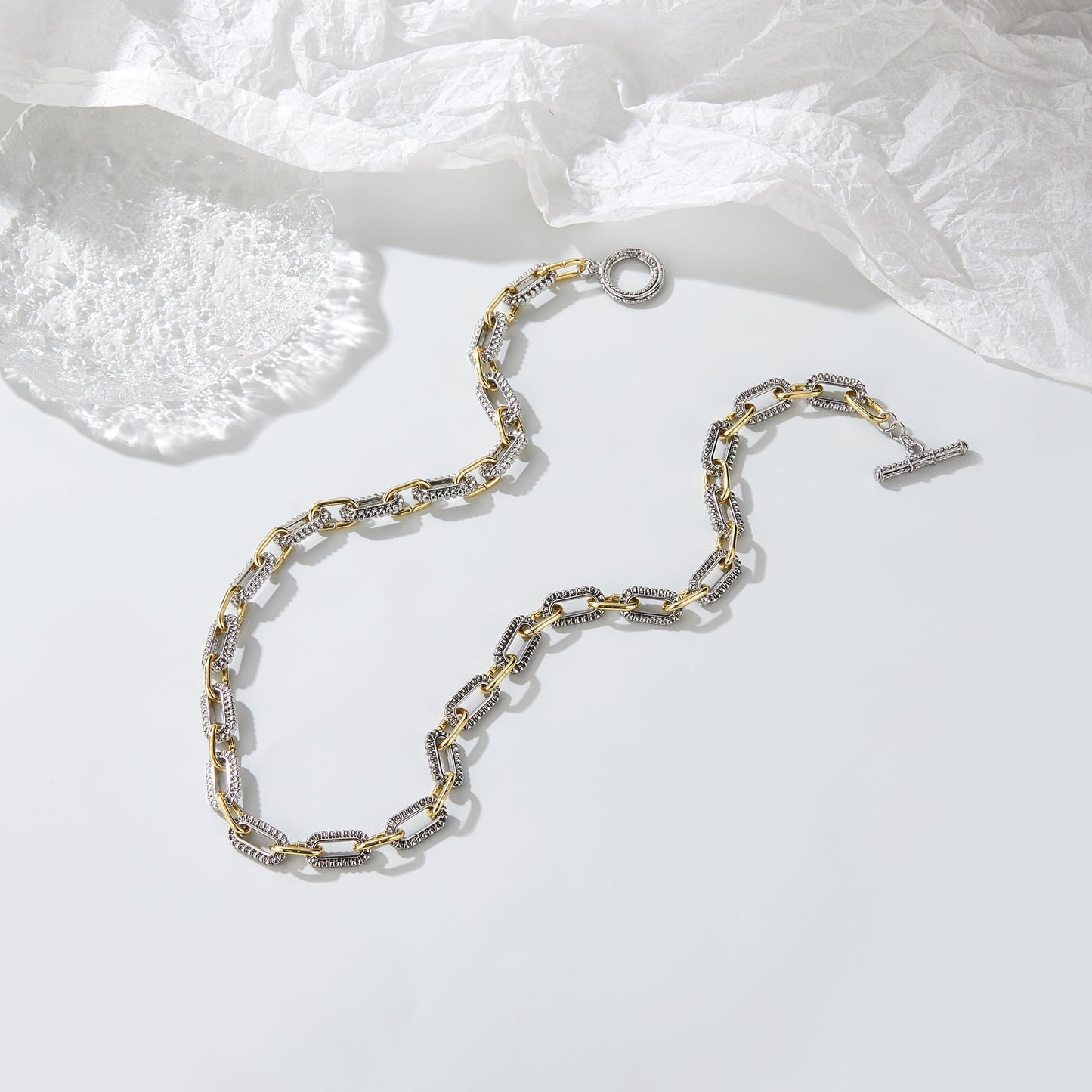 Mytys Women's Link Necklace 18k Gold Plated Double Twist Wire Gold and Silver 2 Tone Chain Necklaces Christmas New Year Jewelry (Long Gold & Silver 7)