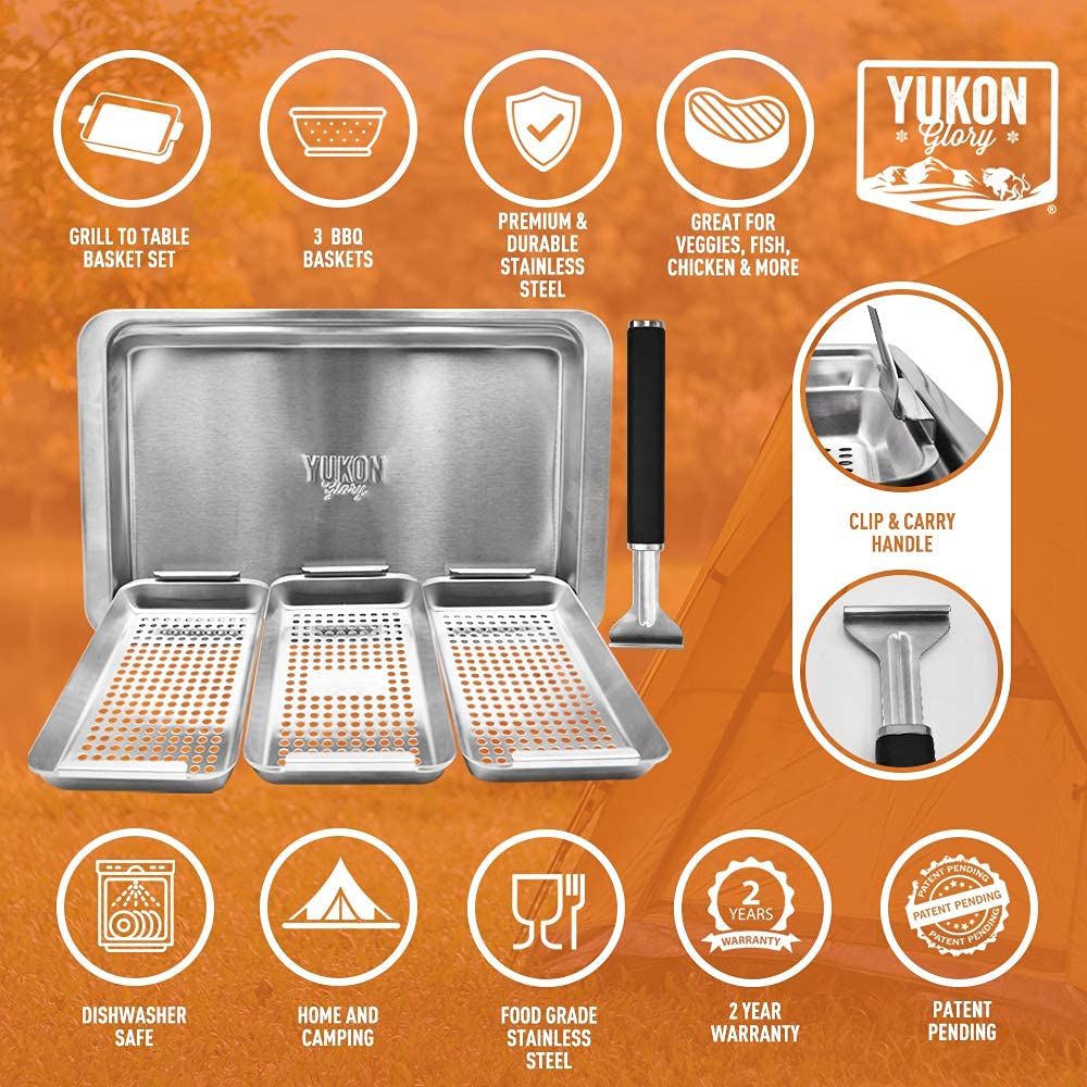 Yukon Glory BBQ Vegetable Grill Basket Set, Stainless Steel, 3 Baskets with Drip Tray & Removable Handle for Fish, Shrimp & Veggies