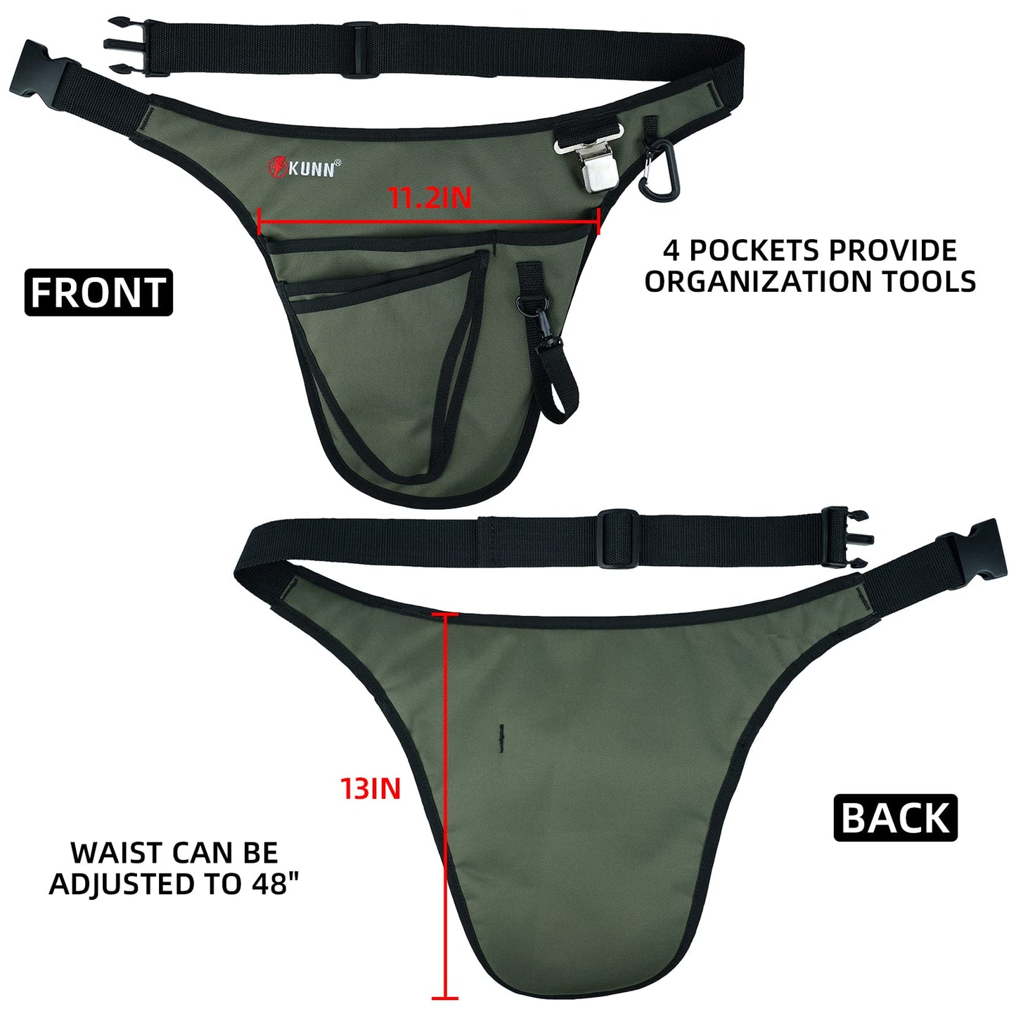 KUNN Garden Tool Belt,Durable Adjustable Tool Belt Waist Pouch with 4 Pocket for Women Men Gardeners Florist Army Green