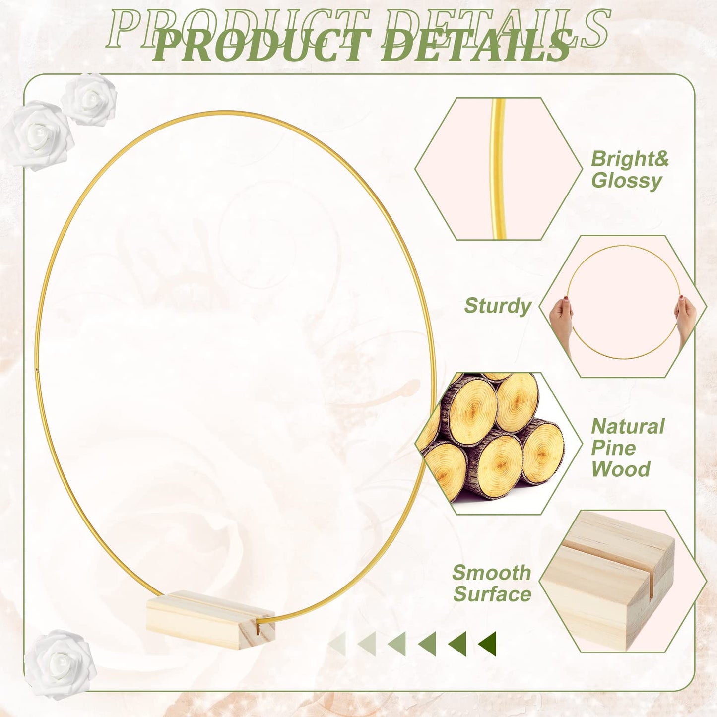 15 Pcs Metal Floral Centerpiece Table Decorations Hoop Centerpiece with Stand Gold Centerpieces for Table 15 Wooden Holders 30 Artificial Flowers 30 Leaves for Wedding DIY Craft Decor(12 Inch,White)