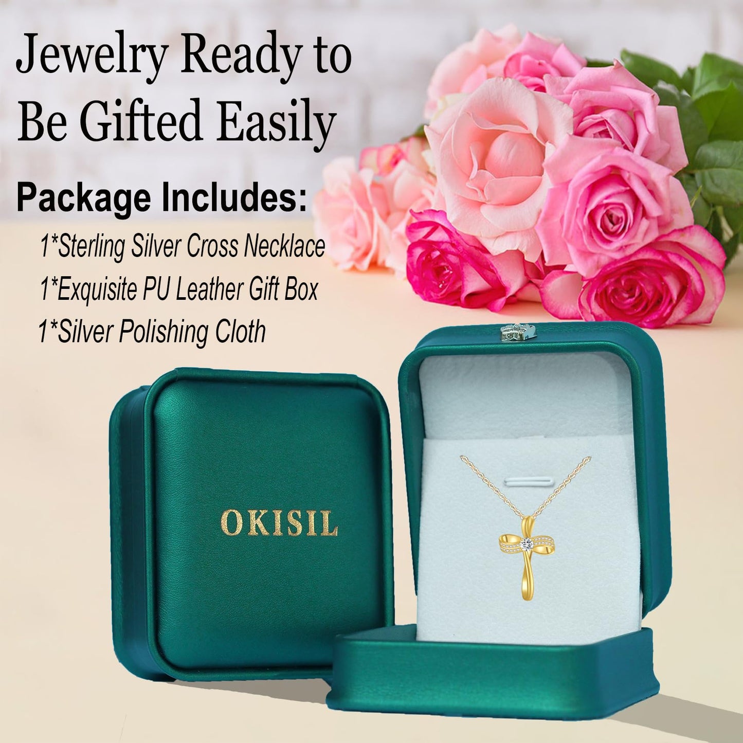 OKISIL 18K Gold Plated Cross Necklace for Women, S925 Sterling Silver Necklace with 5A Cubic Zirconia, Infinity Loop Pendant Jewelry, Christian Gifts for Women Her Wife