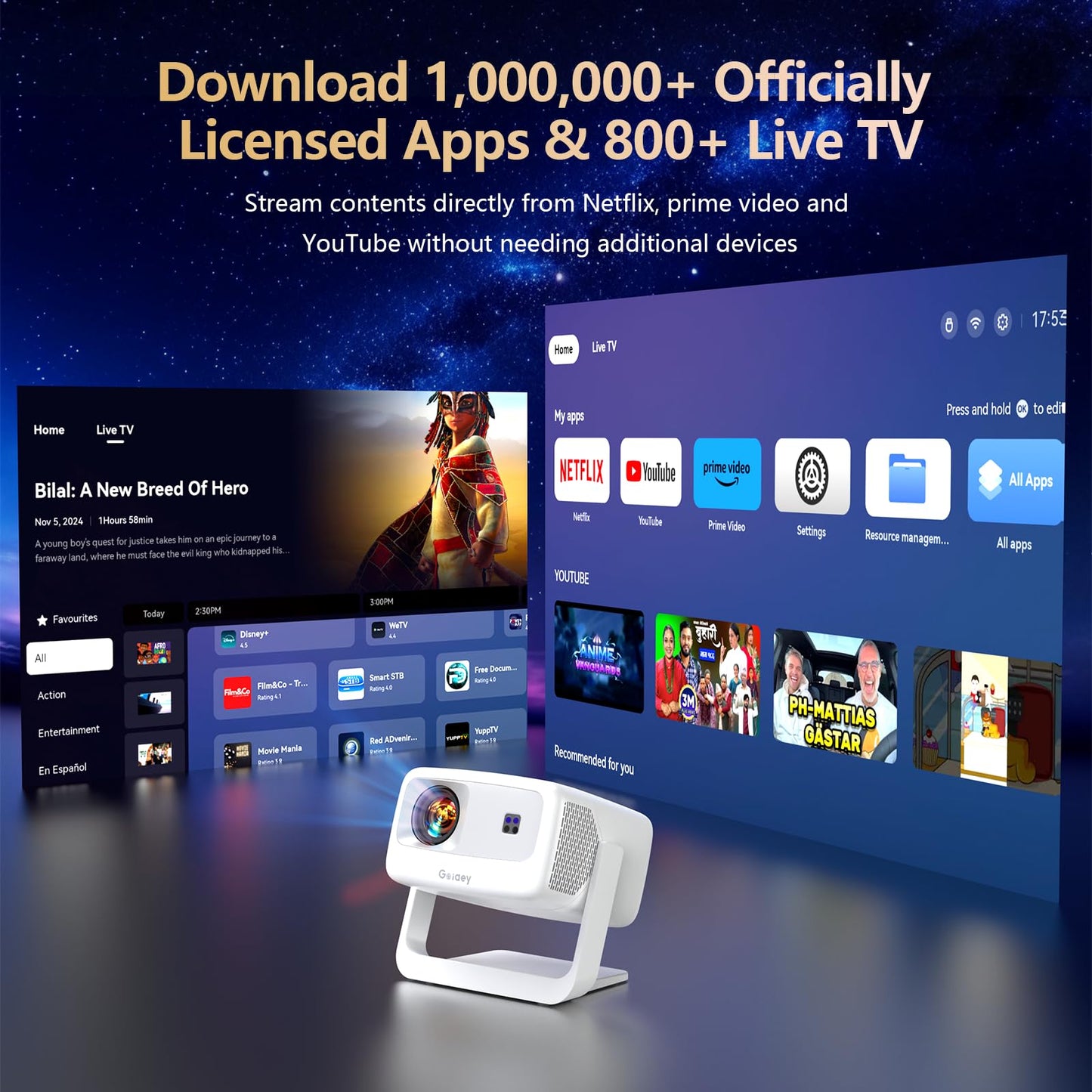 [3000+ Licensed Apps/Live TV/HDR10+/50W DoIby Audio] Smart 4K-Projector with WiFi and Bluetooth, Goiaey 3200ANSI Outdoor Projector with 360°Stand, Auto Focus, Auto Keystone, Short Throw Proyector