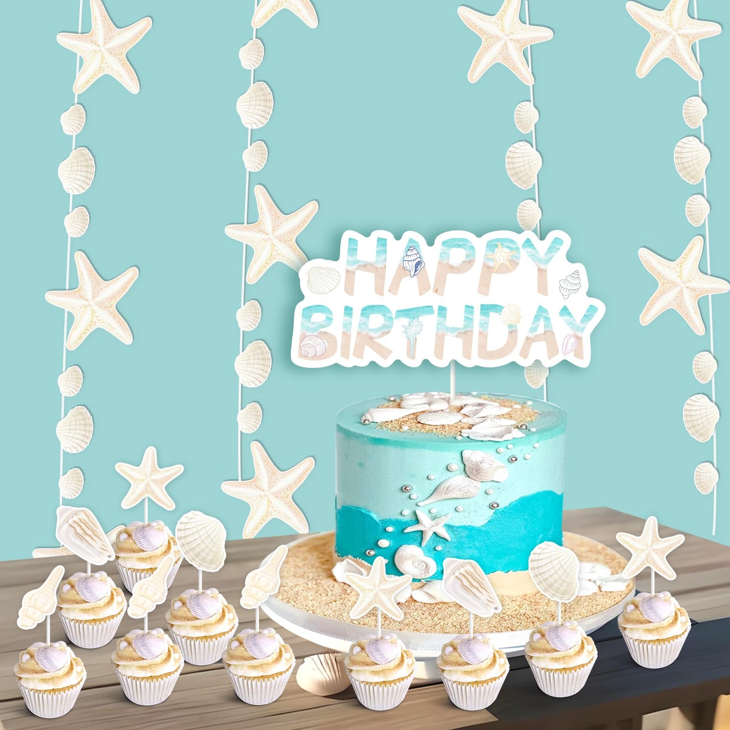 Kreatwow Beach Shell Birthday Decorations Shell Happy Birthday Banner Garland Cake Toppers Summer Seaside Ocean Ocean Waves Party Decors Sea Surf Nautical Coastal Mermaid Birthday Party Supply