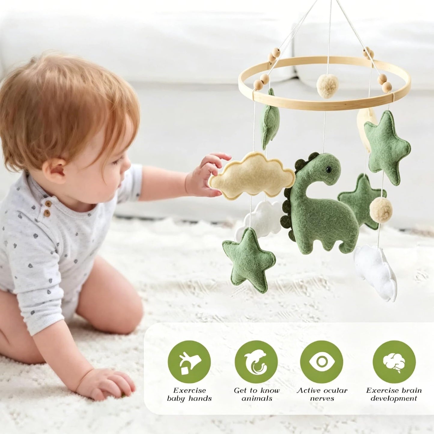 Soft Green Dinosaur Theme Baby Mobile for Crib, Simple Crib Bell for Boys and Girls,Handmade Felt Clouds Nursery Ceiling Decoration,Easy to Install Cotton Animal Charms for Bassinet