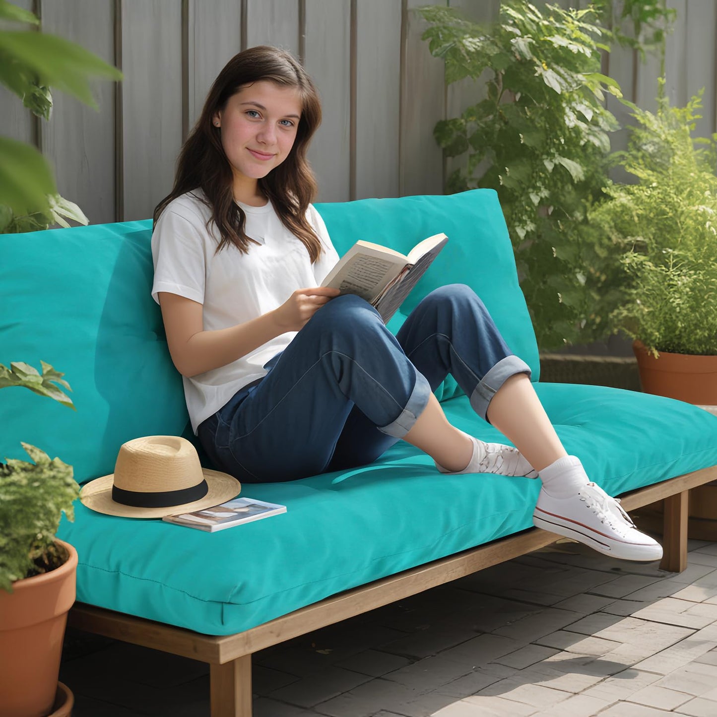 PRIMEPATIO Outdoor Bench Cushion Waterproof, Tufted Bench Seat Cushion 40 x 15 Inch, Patio Wicker Indoor Seat Pads for Outside Garden Patio Balcony, Blue
