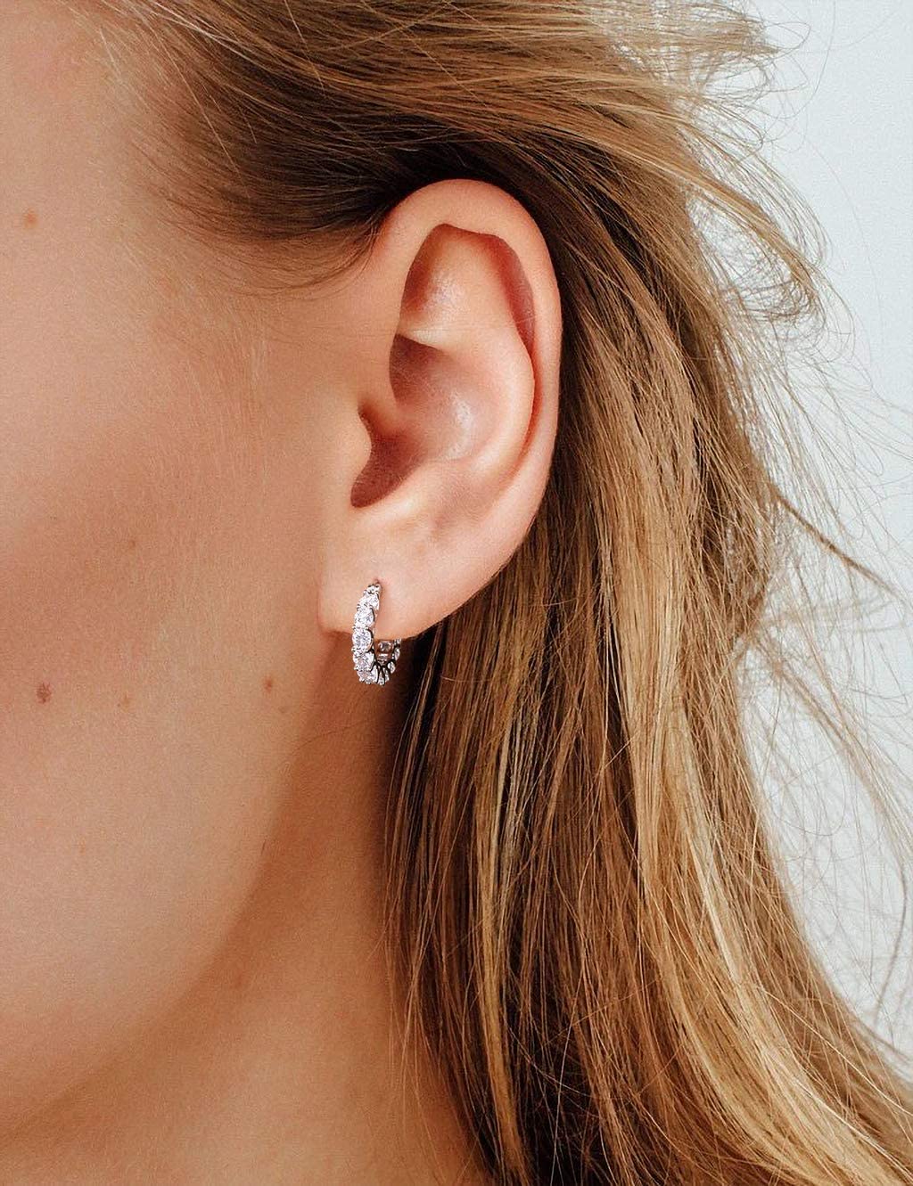 Allencoco Cubic Zirconia Huggie Hoop Earrings - Jewelry For Women, 14K Gold, 925 Sterling Silver Post Hypoallergenic (White Gold CZ Hoop 19mm)