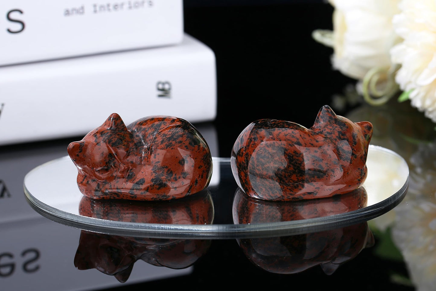 YATOJUZI 2" Cat Decors Statue Red Obsidian Crystals Sleeping Cats Gemstone Hand-Carved Cute Animal Statues Figurine Stones Room Home Office Desk Decor Lucky Reiki Kitten Ornaments Gifts for Women Men