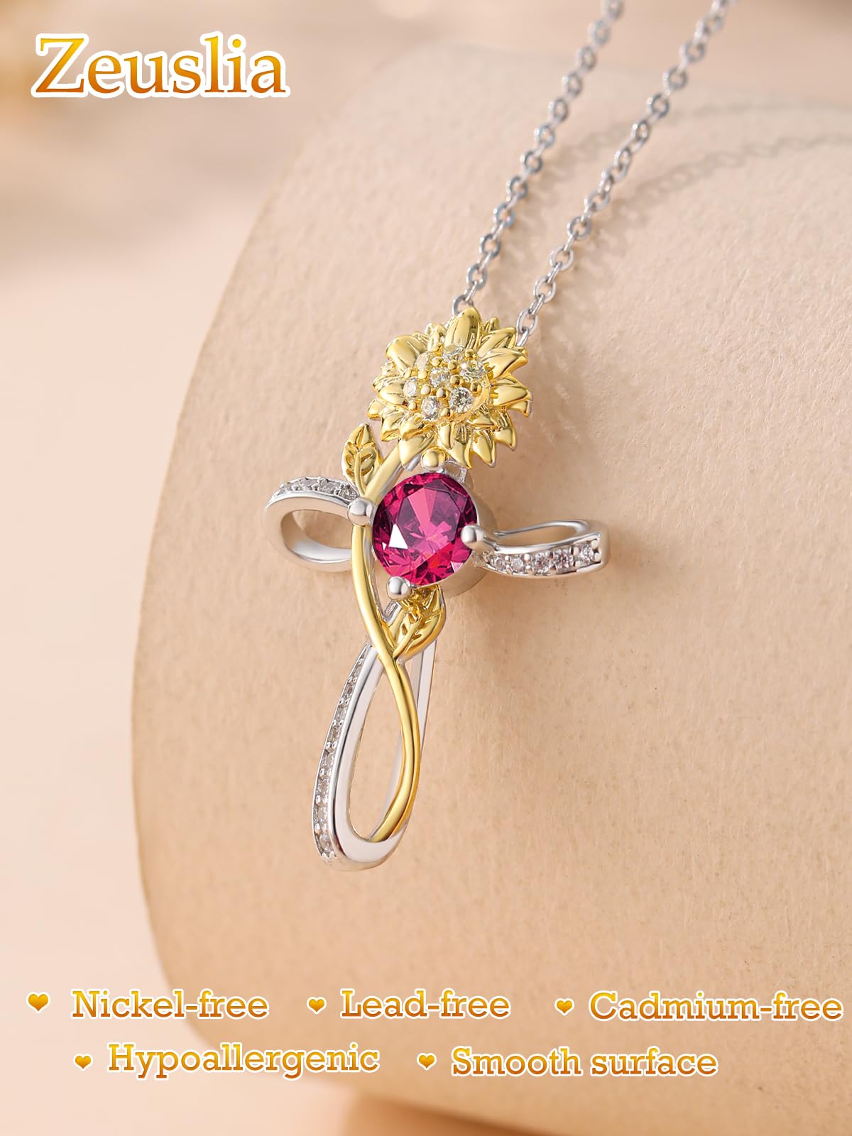 Zeuslia Cross Necklace for Women Sterling Silver Cross Pendant Jewelry with Sunflower Ruby July Birthstone Necklace Christian Religious Baptism First Communion Confirmation Birthday Gifts for Women