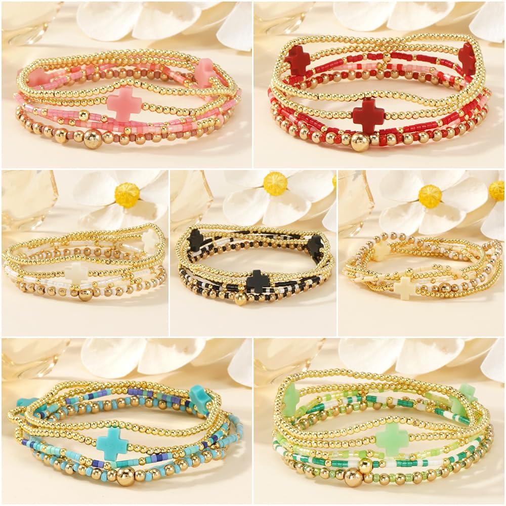 Bohxantium Gold Beaded Stretch Bracelets Stack for Women - 14k Gold Stackable Elastic Cross Bracelet, White Waterproof Stretchy Seed Beads Jewelry Christian Faith Friendship Summer Beach Mothers Day Gifts