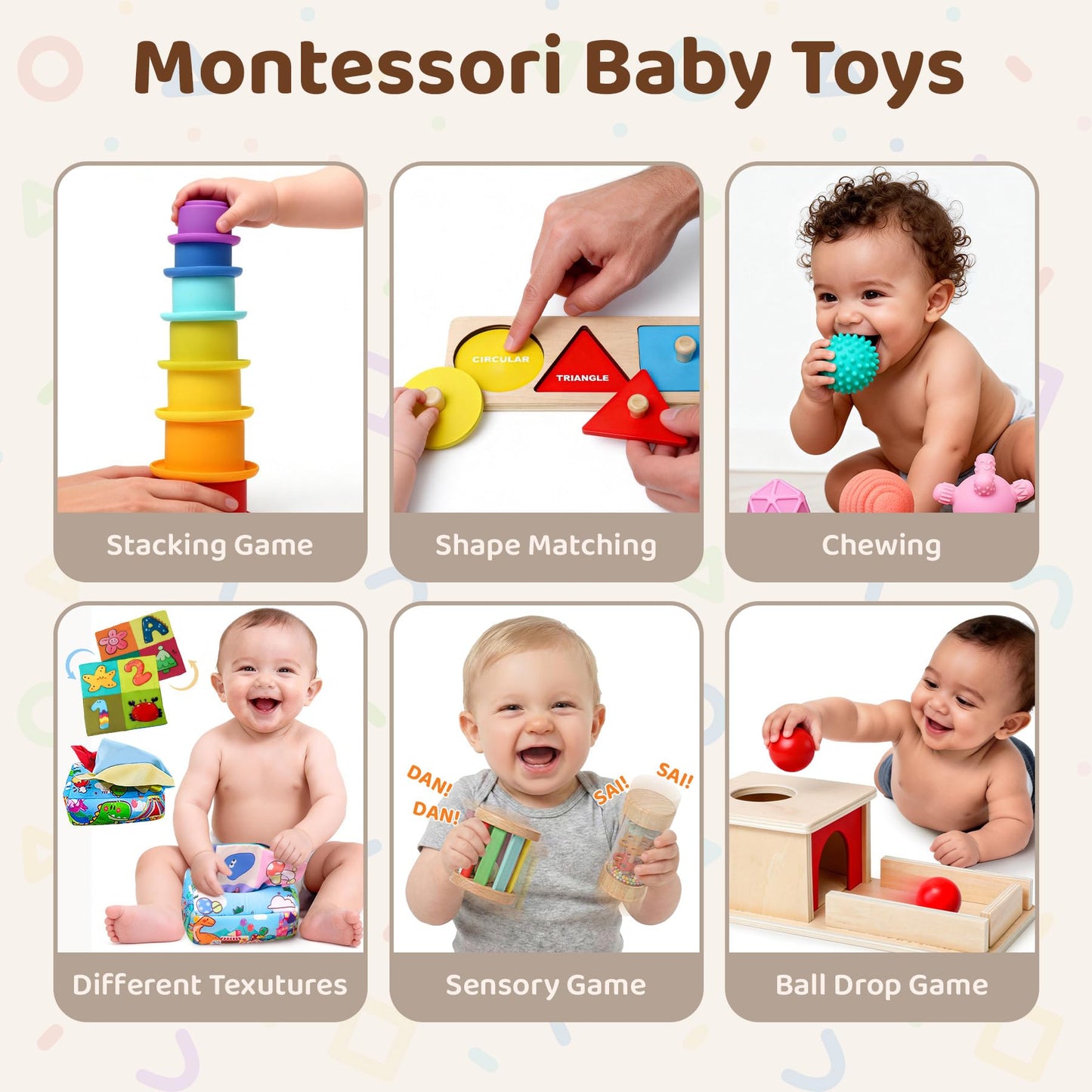 Montessori Toys for Babies 6-12 Months,1 Year Old,8 in 1 Baby Sensory Toy for 12-18 Months Toddler,Wooden Educational Development Toys with Soft Stacking Cup&Sensory Ball&Tissue Box