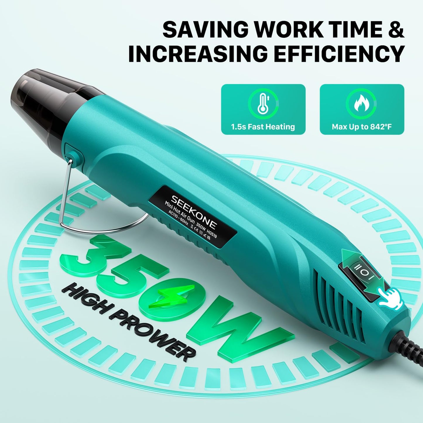 SEEKONE 350W Mini Heat Gun, Dual-Temp Model 500℉ & 842℉（260℃ & 450℃）Fast Heat Hot Air Gun with Overheat Protection and Reflector Nozzle for Heat Shrinking Tubes, Shaping, PVC Tubing（4.9FT）