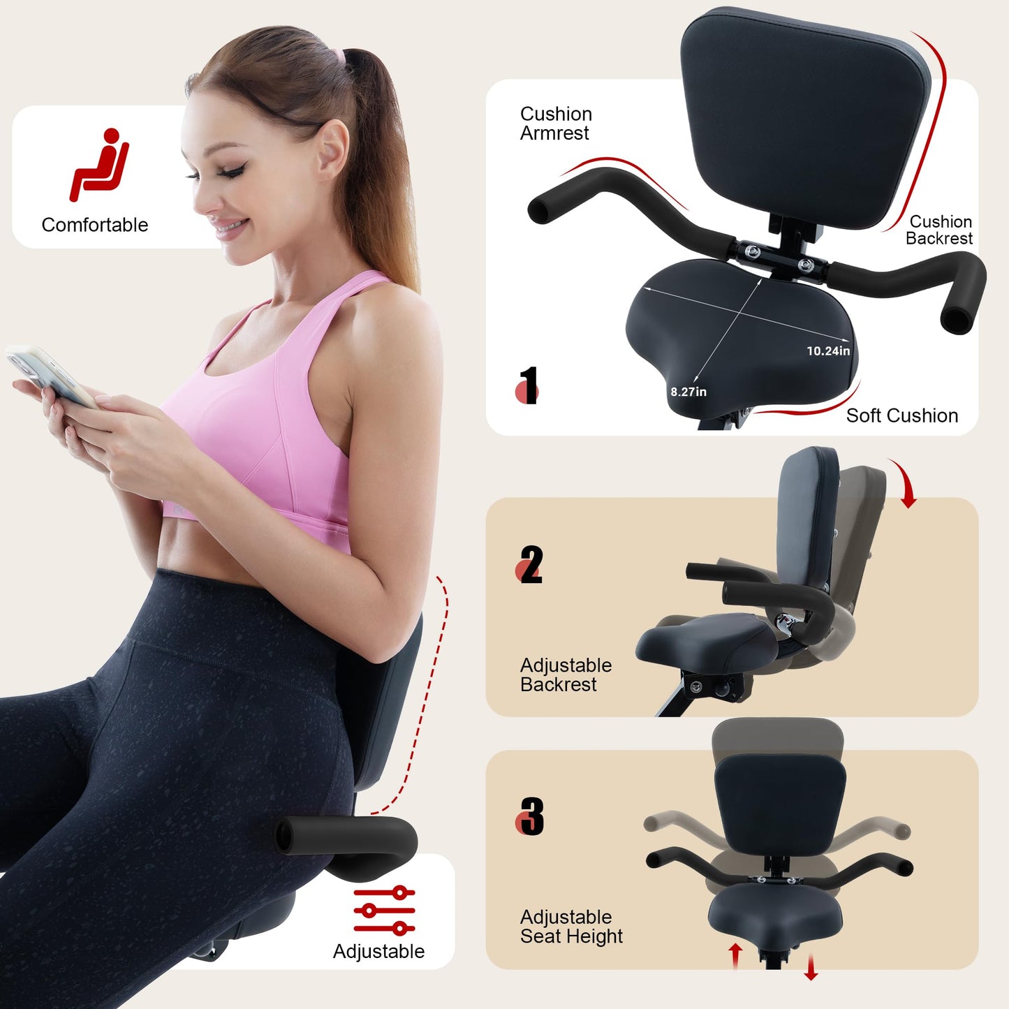 BARWING Stationary Exercise Bike for Home with App,5 IN 1 Foldable Indoor Cycling Bike for Seniors, 350LB Capacity, 6.6 LBS Flywheel，16-Level Magnetic Resistance, Seat Backrest Adjustments