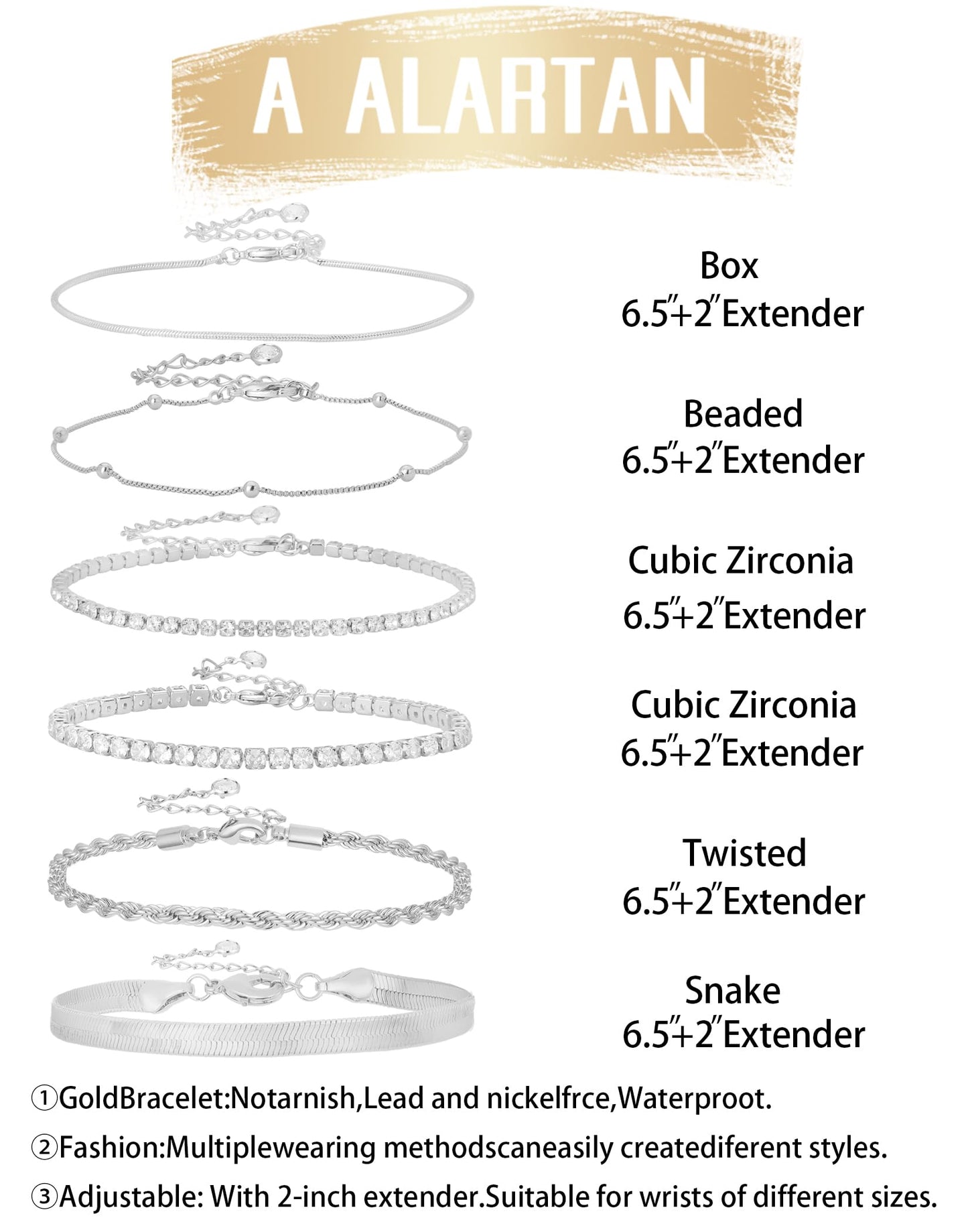 Gold Bracelets for Women 14K Gold Plated Stack Trend Bracelets Charm Paperclip Chain Cuban Link Layered Waterproof Bracelet Dainty Bracelet for Women Jewelry Gifts (6Psc Silver)