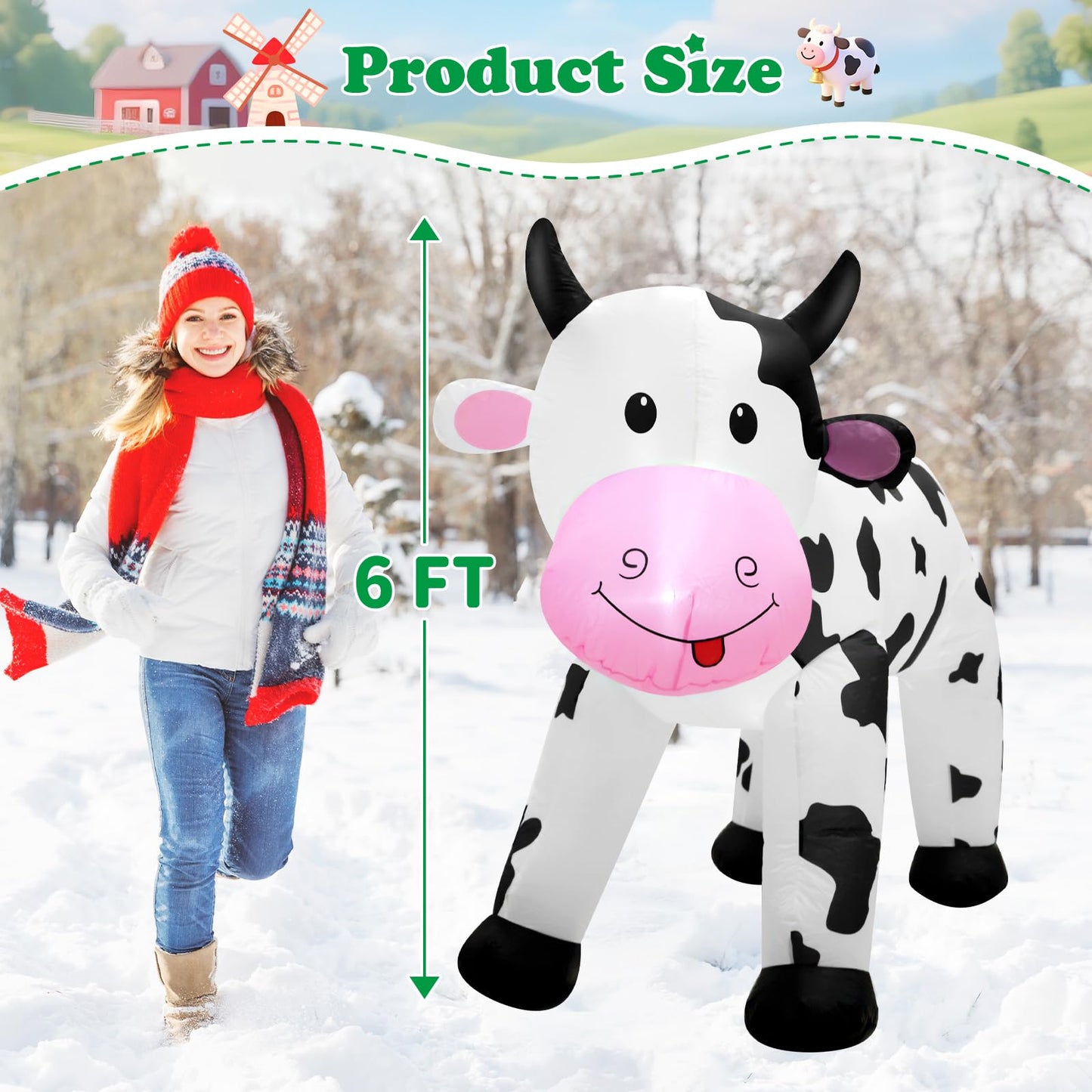 6FT Inflatable Cow Outdoor Decoration,Built-in LED Lights Indoor Outdoor Yard Lawn Ranch Blow Up Cute Animal Milk Cow,Christmas Holiday Display Spring Decorations for Garden Farm Themed Party