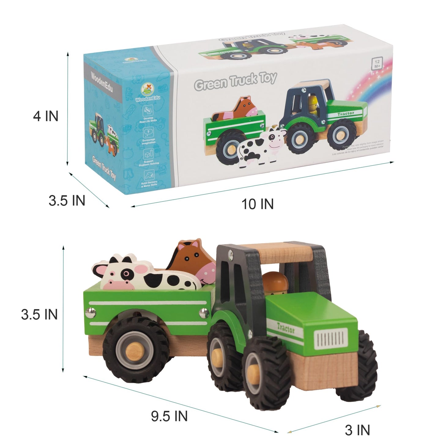 WoodenEdu Wooden Tractor Toys for Toddlers 1-3, Baby Vehicle Toys Hand Push Car Toys for 1 2 3 Year Old Boys Girls (Green)