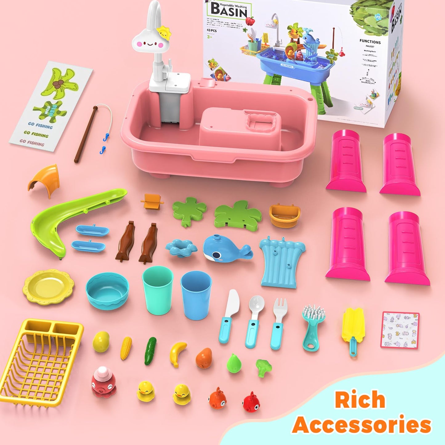 Water Table for Toddlers 1-3，Water Table with Pump，Role Play Sensory Toys，Toy Kitchen Sets for Kids Ages 4-8, Play Sink with Running Water & Electric Faucet，Outdoor Toys for Toddlers 1-3(Pink)