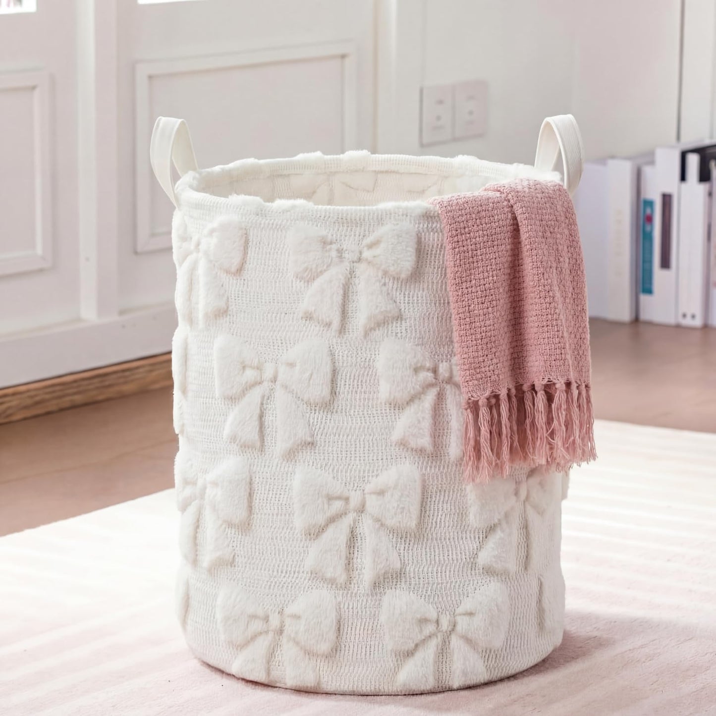 Blushtier White Bow Laundry Hamper Girls Room Decor Coquette White Bow Plush Faux Fur Basket Kids Large Storage Basket Collapsible Organize Bins for Gifts Toys Blanket Clothes Nursery Bedroom