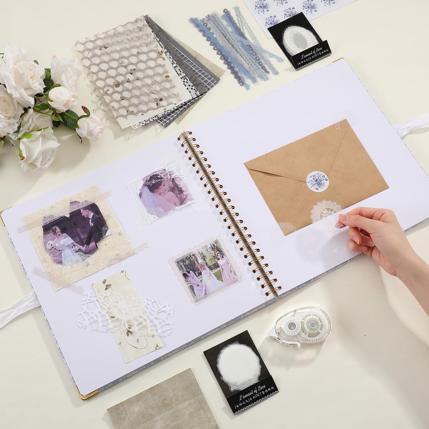 Humyoun Wedding Guest Book Letters to The Bride Scrapbook Wedding Memory Book Bridal DIY Blank Paper Scrapbook Photo Album Guest Sign with Pearl Stickers(12 x 12 Inch,Floral,Blue)