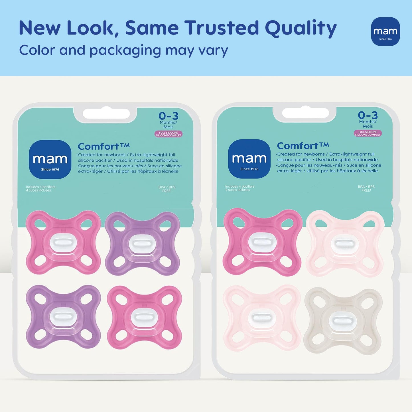MAM Comfort Baby Pacifier 0-3 Months, Specially for Smaller Newborn Mouths, Lightweight One-Piece BPA-Free Silicone,Easy to Clean, Best for Breastfed Babies, 4 Pk, Made in Europe