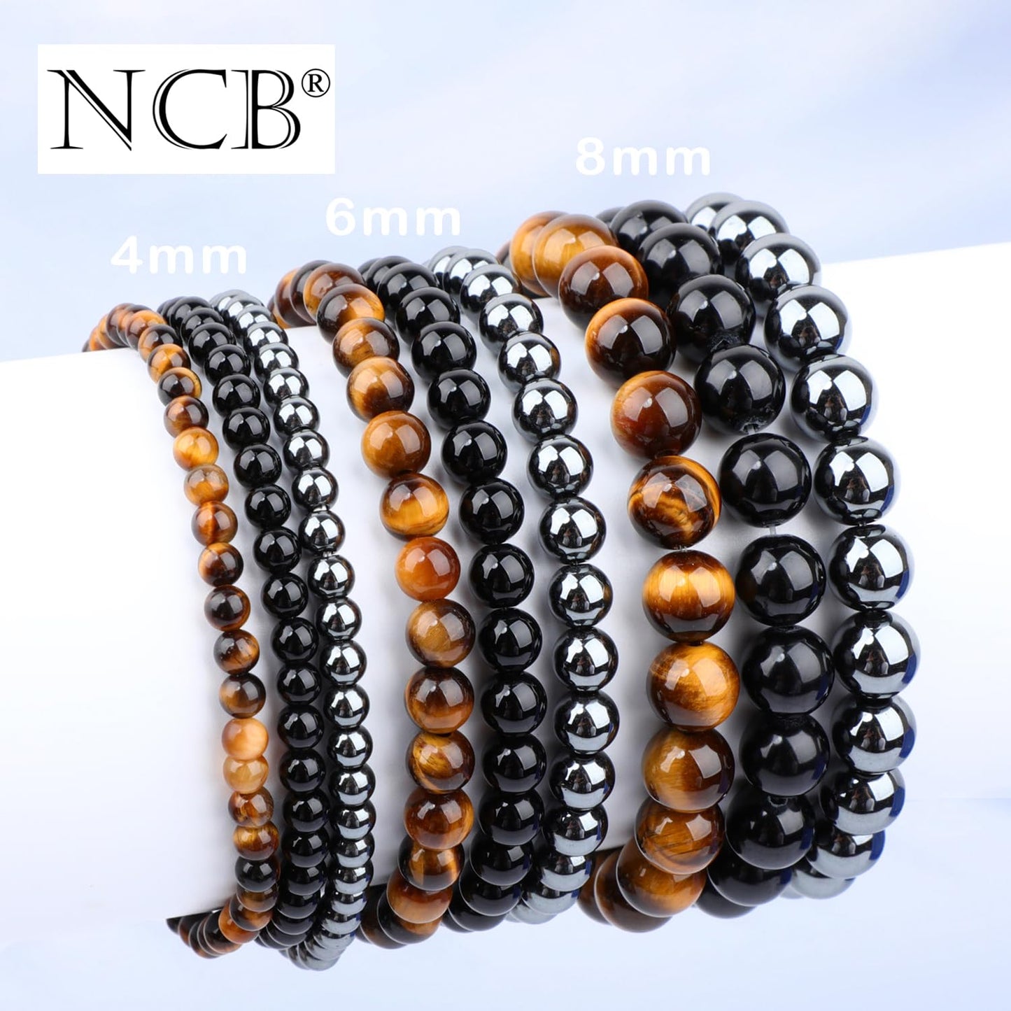 NCB 3-Piece 8mm Natural Crystal Gemstone Stretch Bracelets – ﻿Black Onyx, Hematite, Yellow Tiger's Eye Handmade Reiki Energy Healing Jewelry for Meditation,Yoga, Unisex