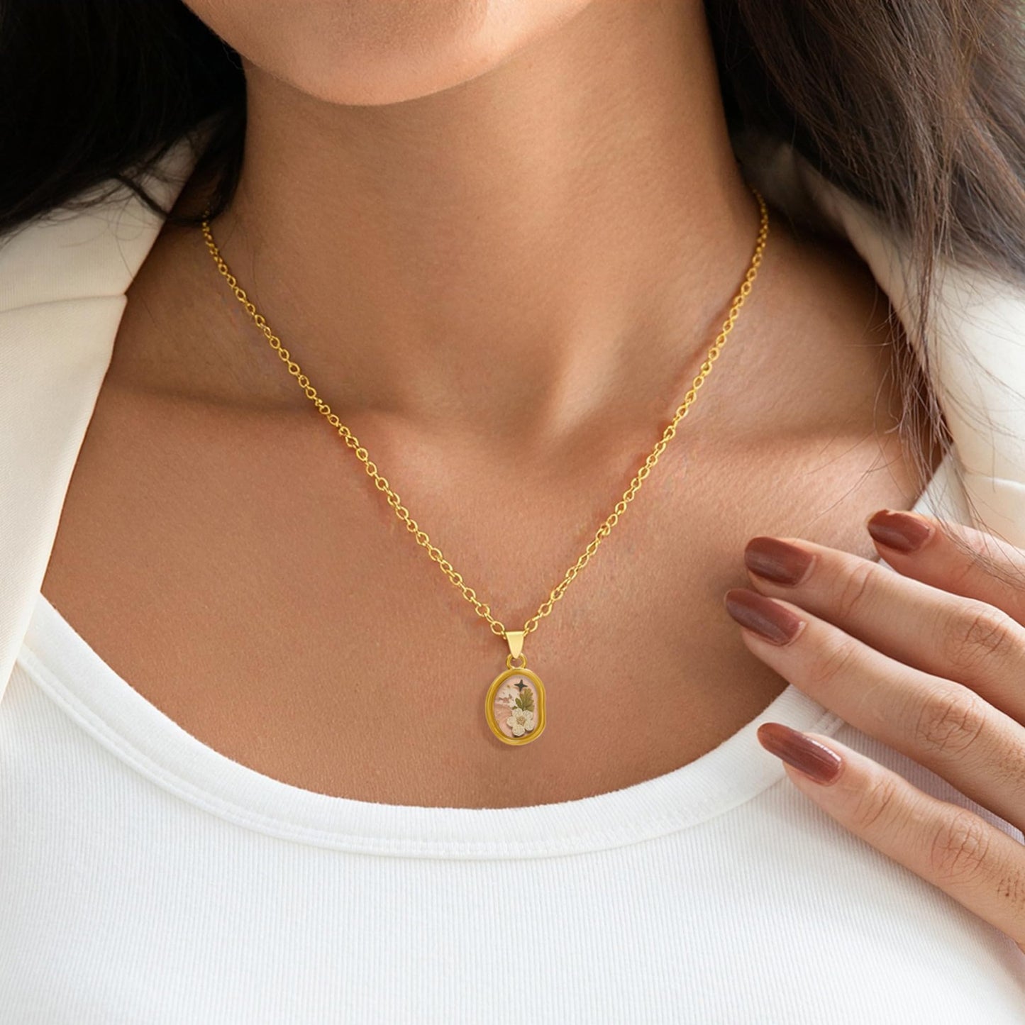 LETFLY Birth Flower Necklaces for Women, 18K Gold Plated Oval Shaped Handmade Floral Pendant, Pressed Flower Necklace Jewelry Gifts Love