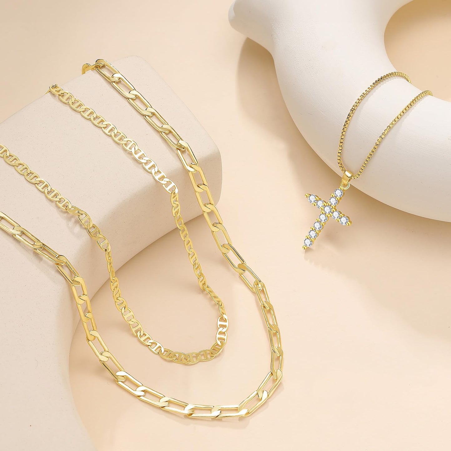 PDWZNBA Layered Gold-plated Necklaces for Women, 14K Real Gold-Plated Triple Chain Necklace, Dainty Choker Jewelry Set, Trendy Jewelry Gifts