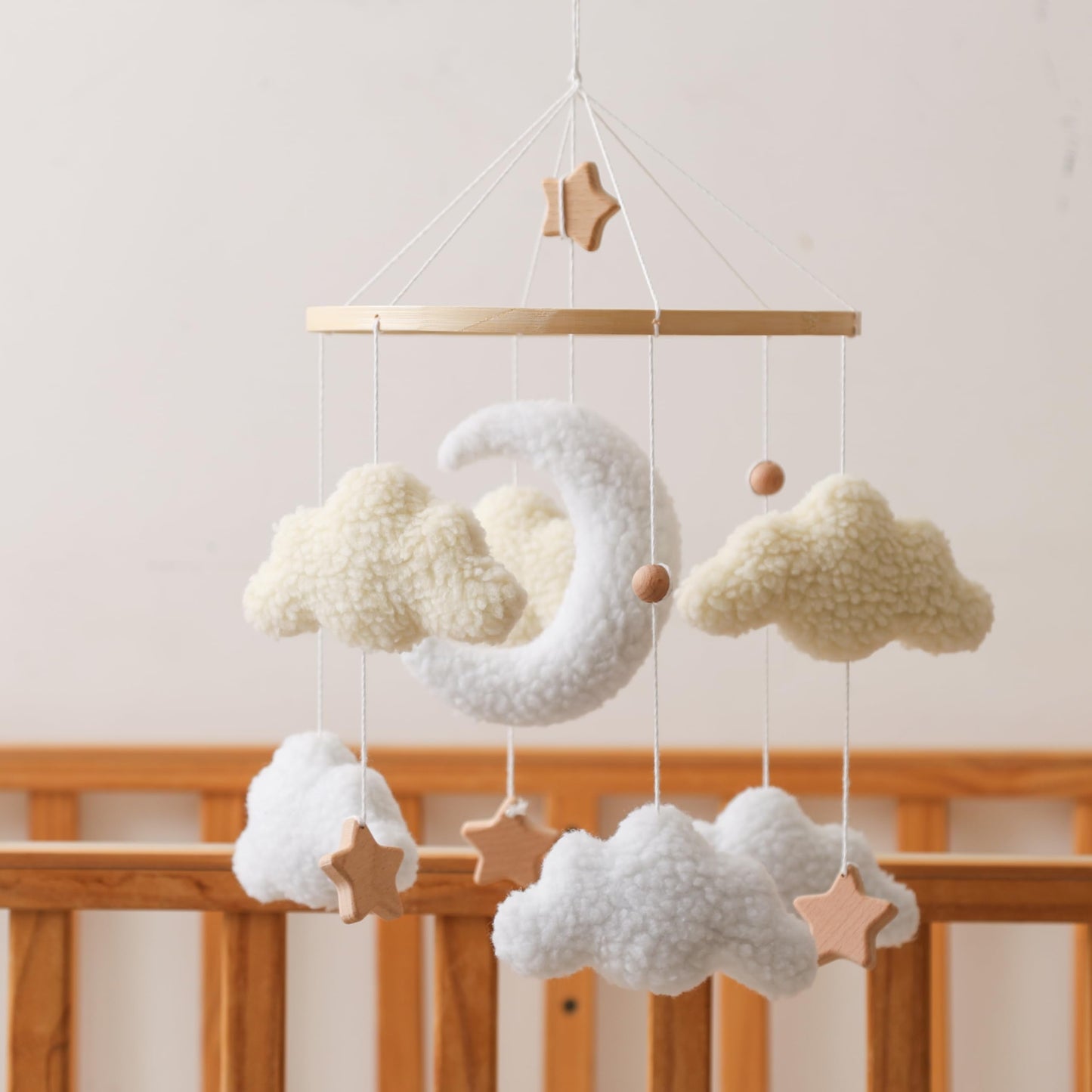 Baby Mobile for Crib – Handmade Moon & Cloud Baby Crib Mobile with Plush Sherpa Texture, Nursery Mobiles Felt Hanging Toy with Beech Wood Ring, Mobile for Crib Neutral Bassinet Baby Decor Gift
