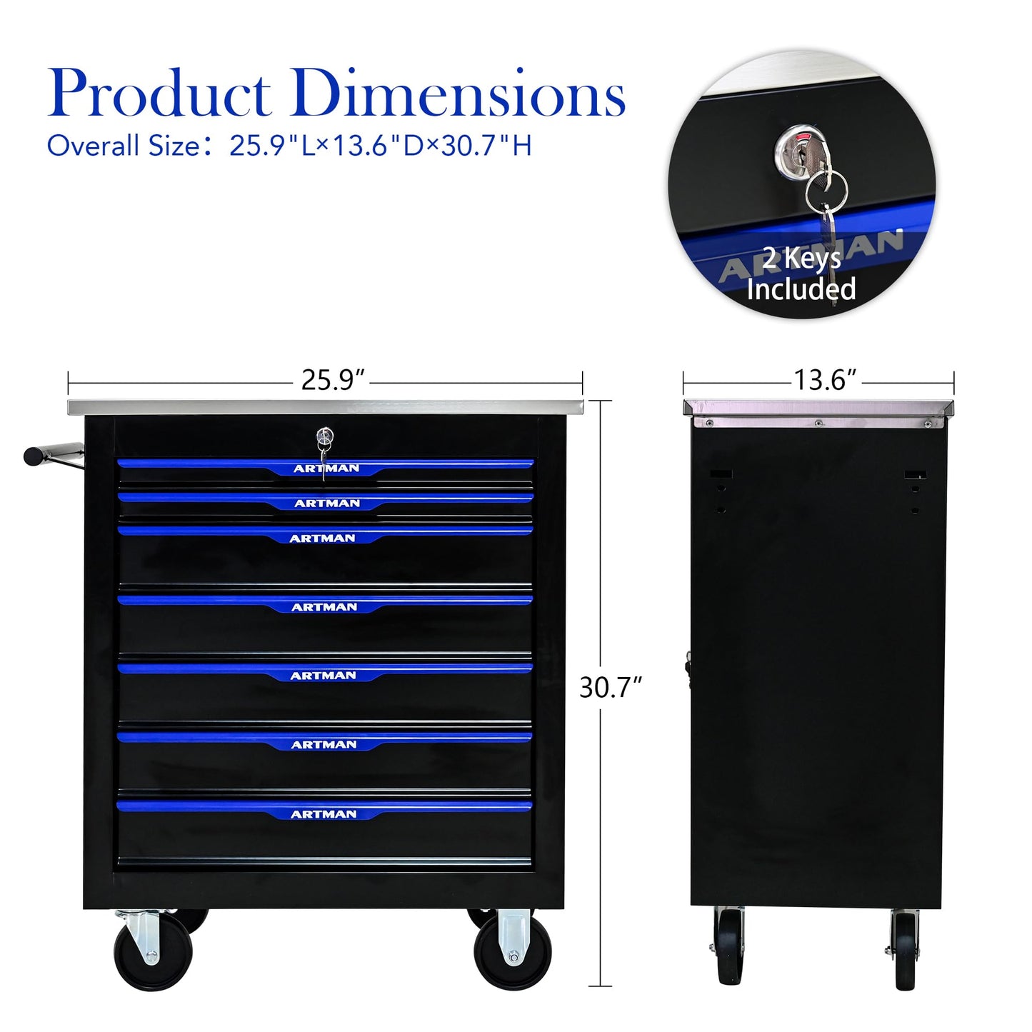 7-Drawer Heavy-Duty Rolling Steel Tool Cart with Handle&Wheels, Metal Storage Organizer Cabinet, Tool Chest for Efficient Tool Storage in Garage, Warehouse, Workshop, Repair Shop, Blue
