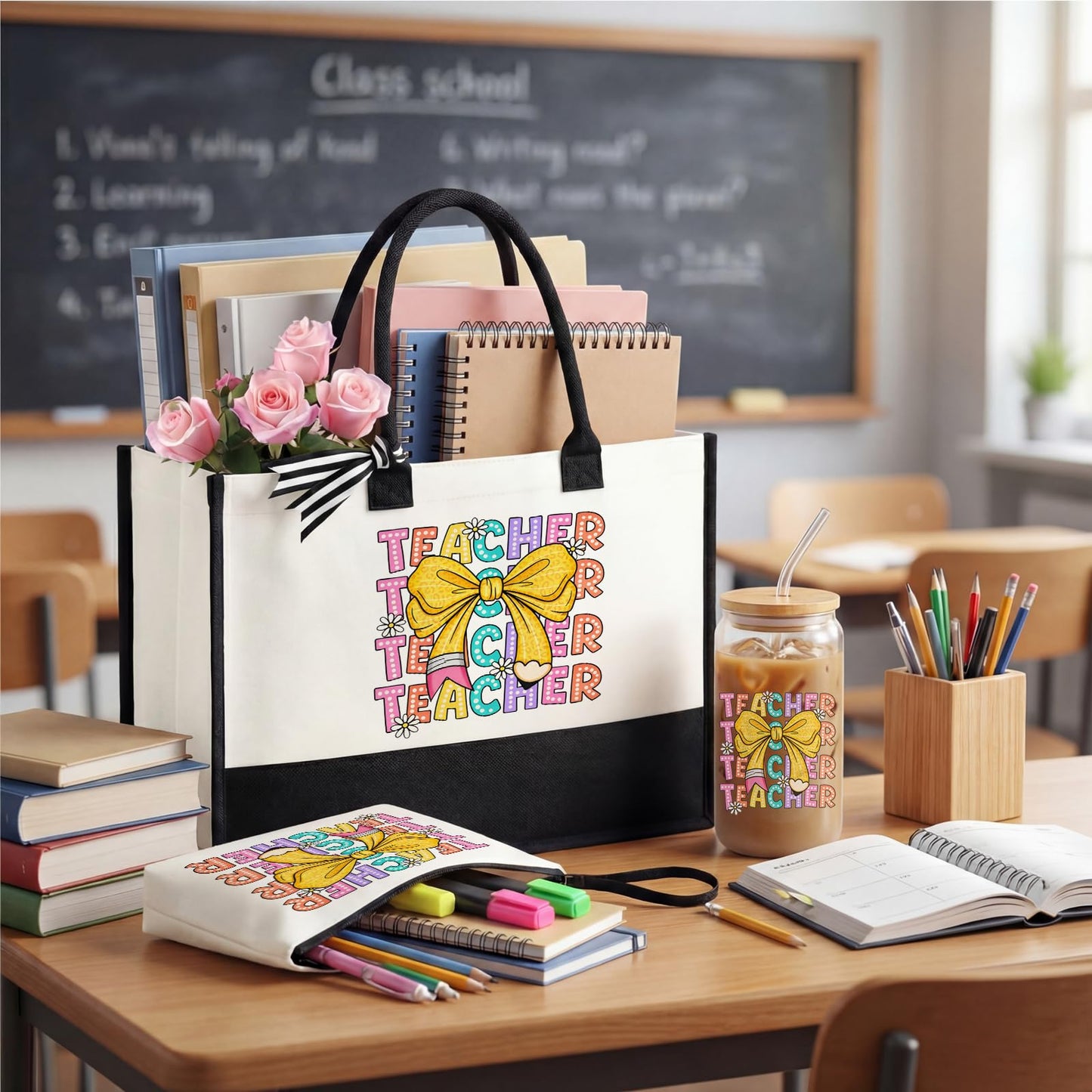 Sanwuta 6 Sets Teacher Appreciation Gifts for Women Thank You End of Year Teacher Gifts Set Include Tote Bag, Makeup Bag & 16oz Glass Cup for Employee Women Graduation Birthday School Office Supplies