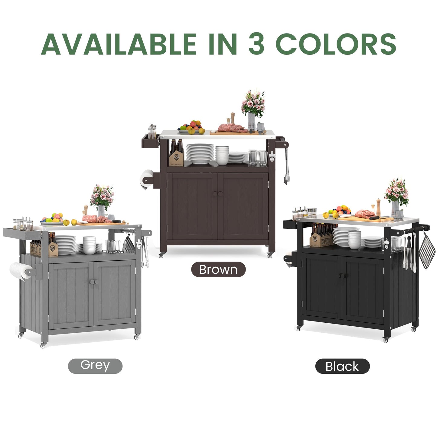 Sunnibety Weatherproof HIPS Outdoor Kitchen Island with Stainless Steel Top & Storage Cabinet, Movable Prep Table with Wheels for BBQ Food Prep, Outdoor Grill Cart for Parties, Grey