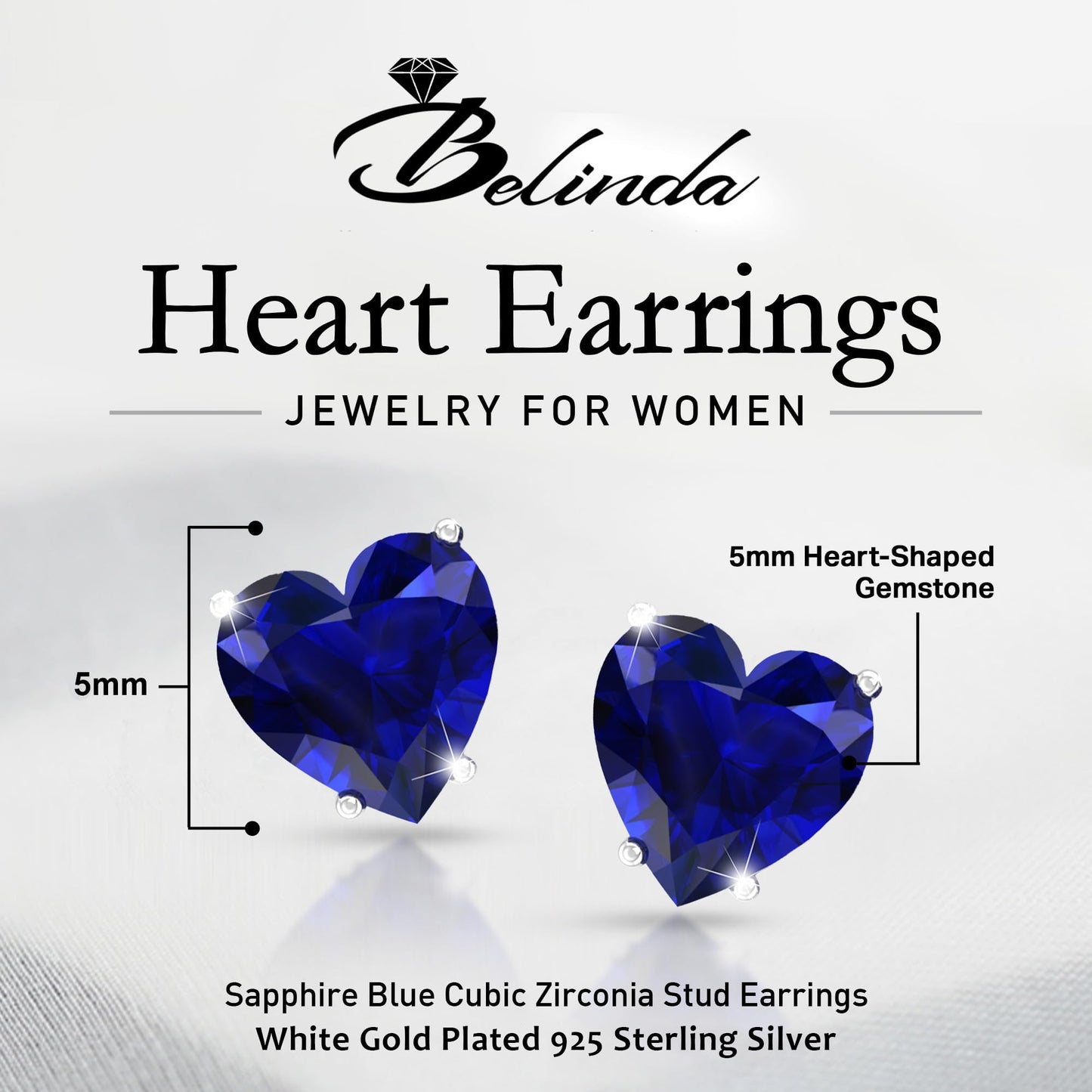 Belinda Jewelz - Heart Stud Earrings, 5mm Cubic Zirconia Heart Earrings with Prong Setting, 925 Sterling Silver Earrings Studs, Sapphire Blue Stud Earrings for Women